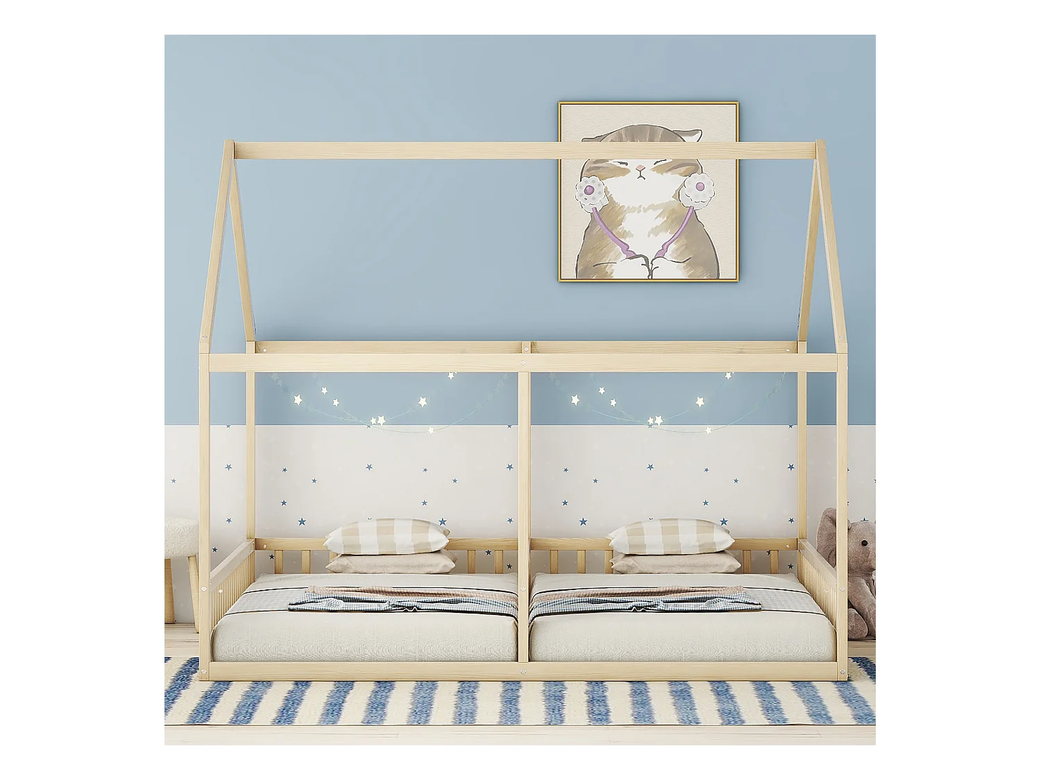 Lit cabane 90x200cm 2 en 1, en bois avec barrières de sécurité et toit décoratif, naturel, sans matelas