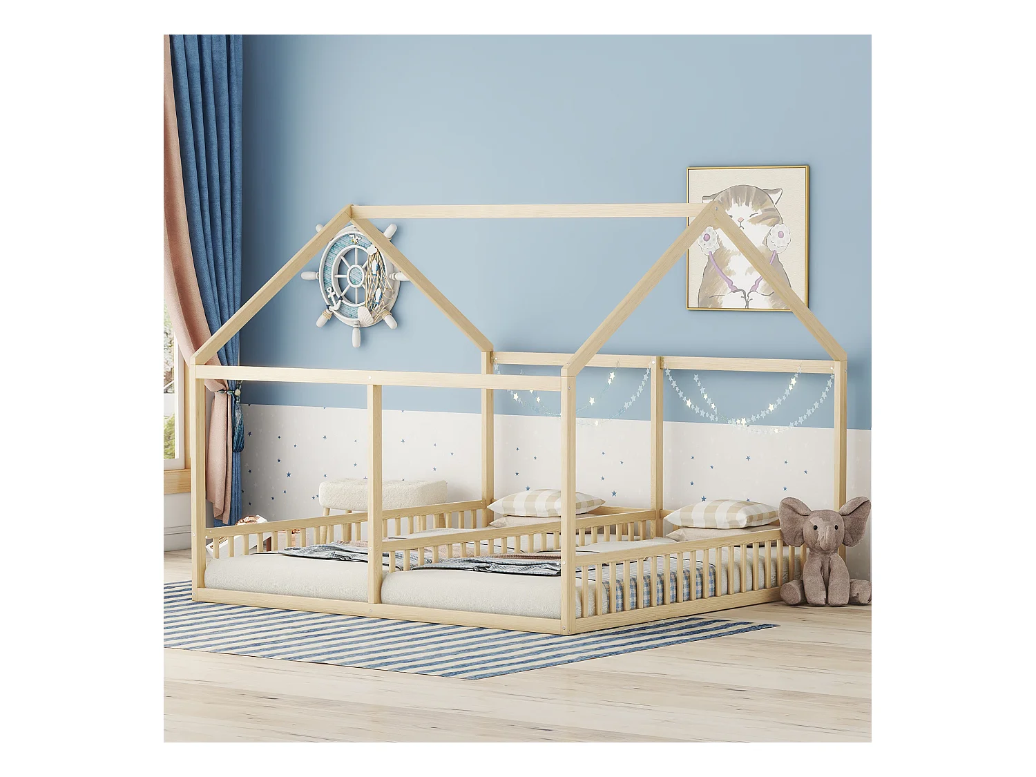 Lit cabane 90x200cm 2 en 1, en bois avec barrières de sécurité et toit décoratif, naturel, sans matelas