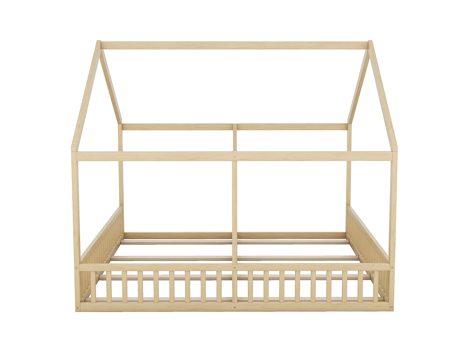 Lit cabane 90x200cm 2 en 1, en bois avec barrières de sécurité et toit décoratif, naturel, sans matelas