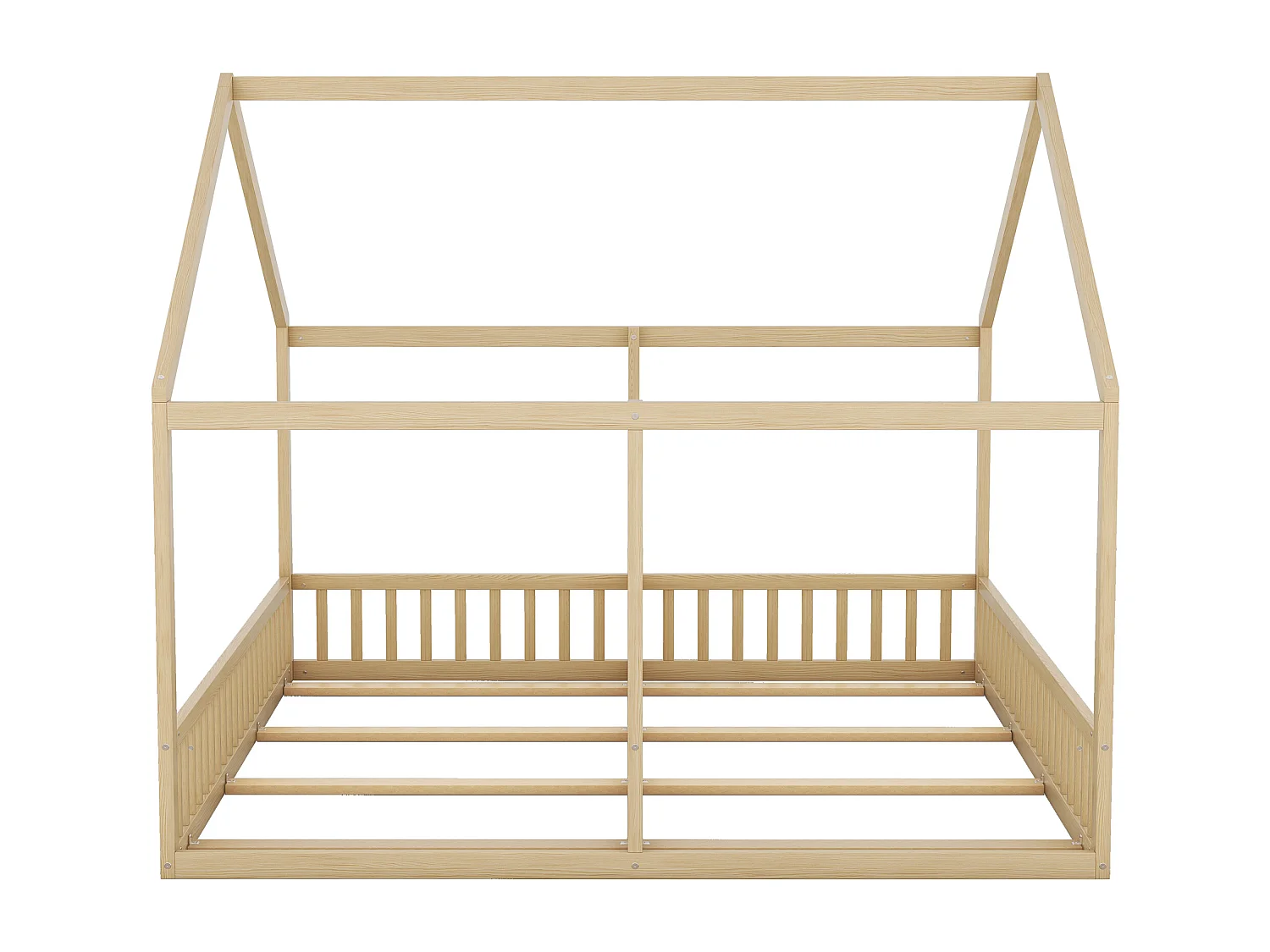 Lit cabane 90x200cm 2 en 1, en bois avec barrières de sécurité et toit décoratif, naturel, sans matelas