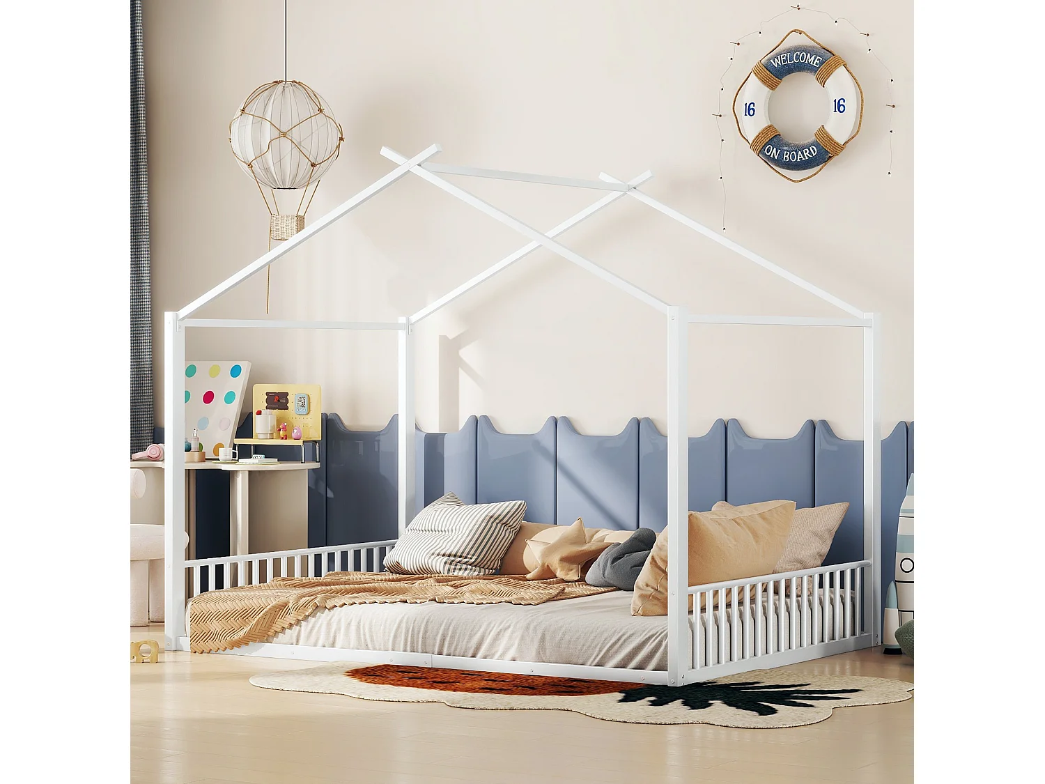 Lit cabane 140x200cm pour enfant, en métal blanc, design maison moderne et structure solide(sans matelas)