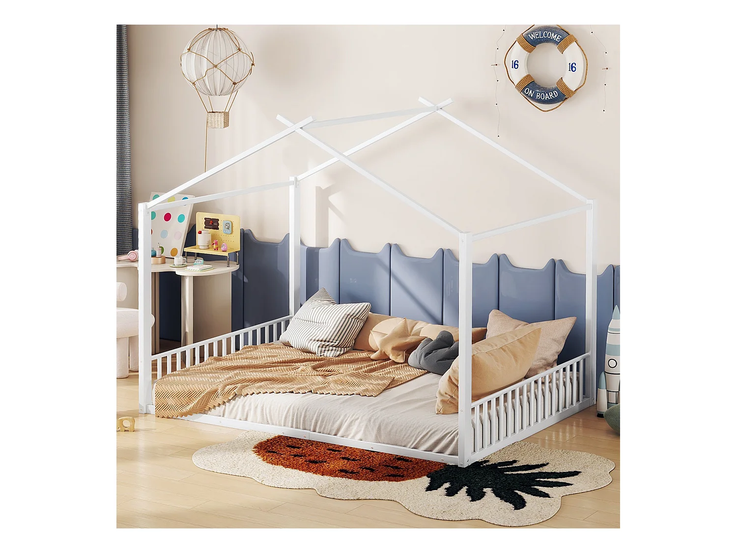 Lit cabane 140x200cm pour enfant, en métal blanc, design maison moderne et structure solide(sans matelas)
