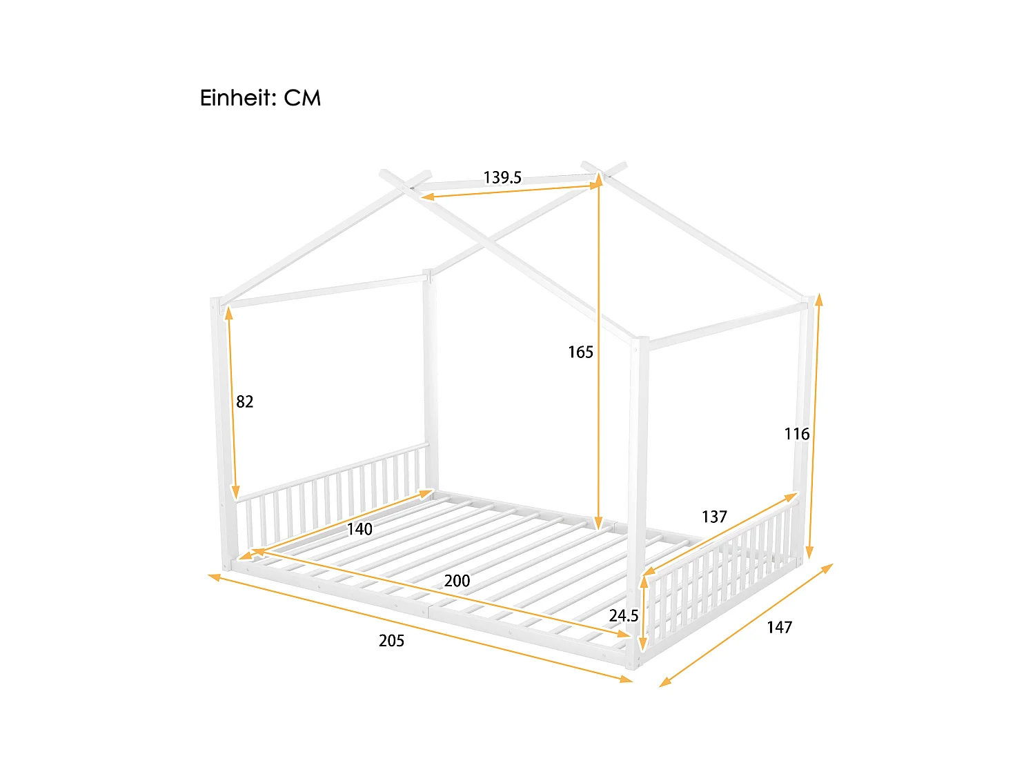 Lit cabane 140x200cm pour enfant, en métal blanc, design maison moderne et structure solide(sans matelas)