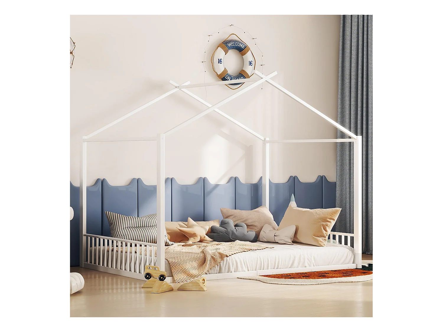 Lit cabane 140x200cm pour enfant, en métal blanc, design maison moderne et structure solide(sans matelas)