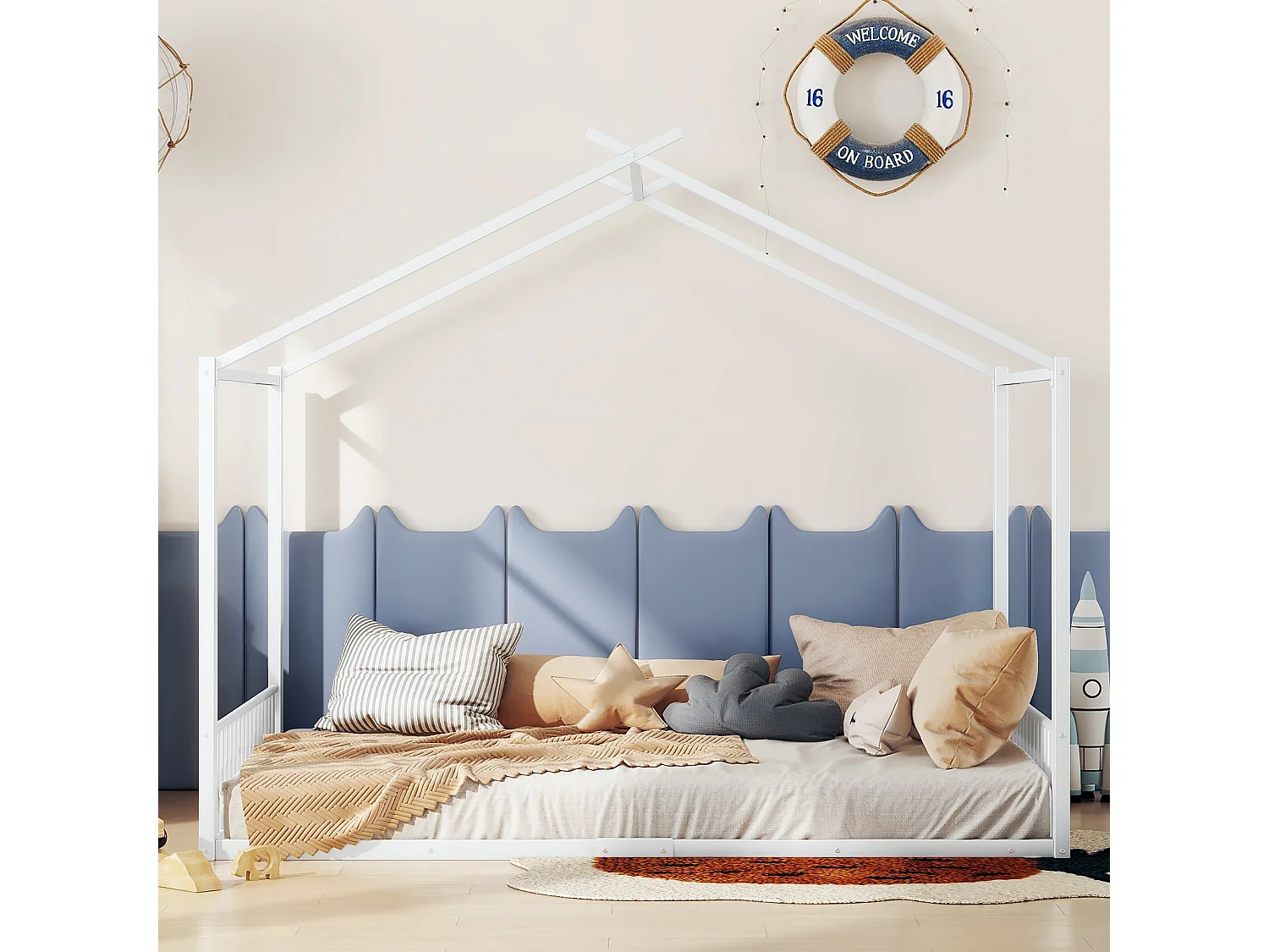 Letto a soppalco 140x200cm per bambini, in metallo bianco, design moderno e struttura solida (senza materasso)