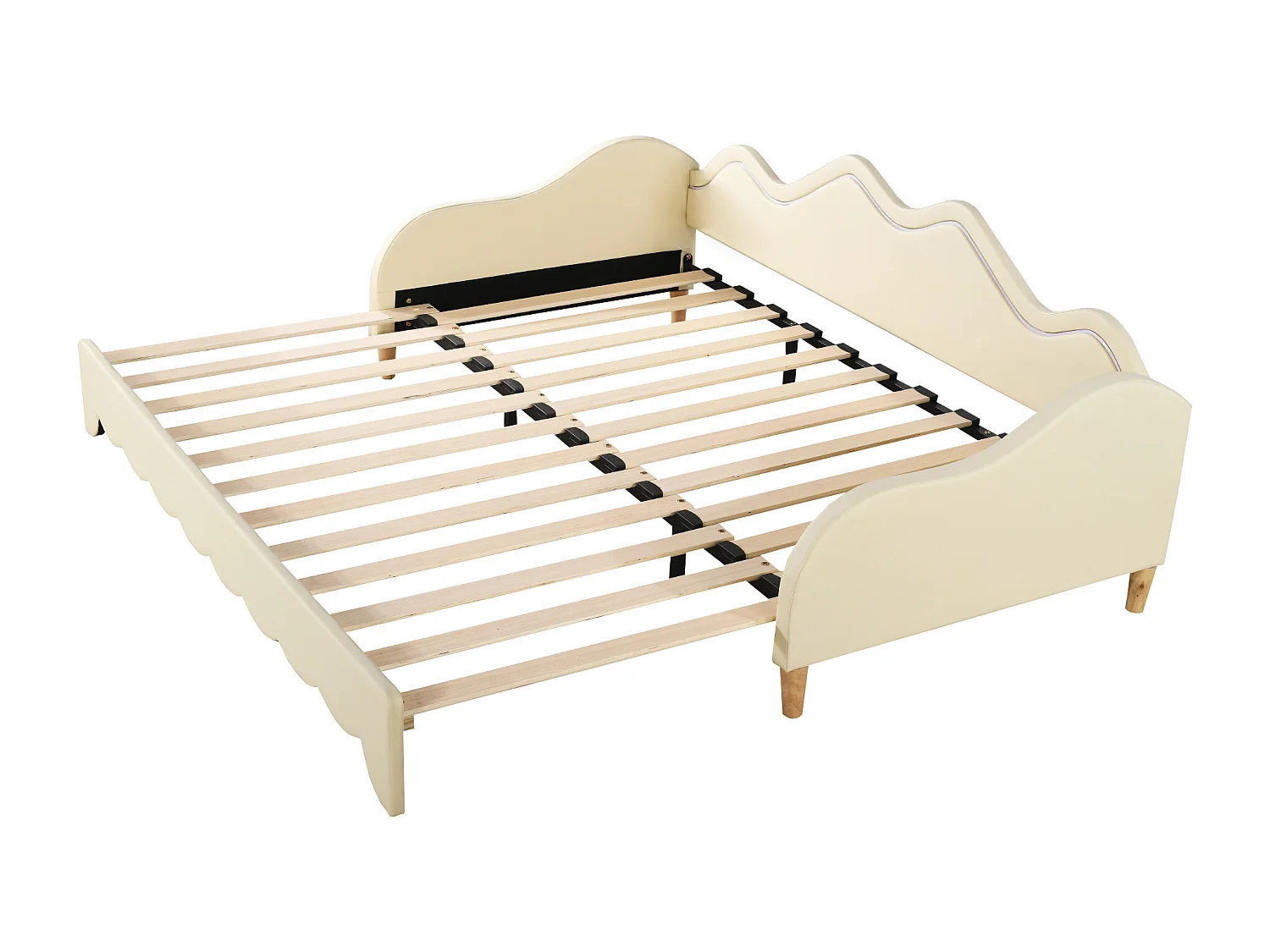 Lit enfant rembourré 90(180)x190cm avec éclairage LED, multifonction 2 en 1, lit enfant en similicuir, beige, sans matelas