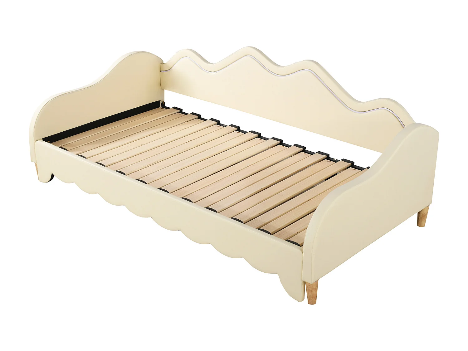 Lit enfant rembourré 90(180)x190cm avec éclairage LED, multifonction 2 en 1, lit enfant en similicuir, beige, sans matelas