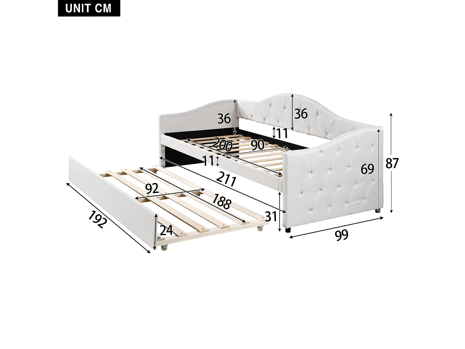 Lit enfant 90x200 cm beige en lin avec lit gigogne 90x190 cm, sans matelas