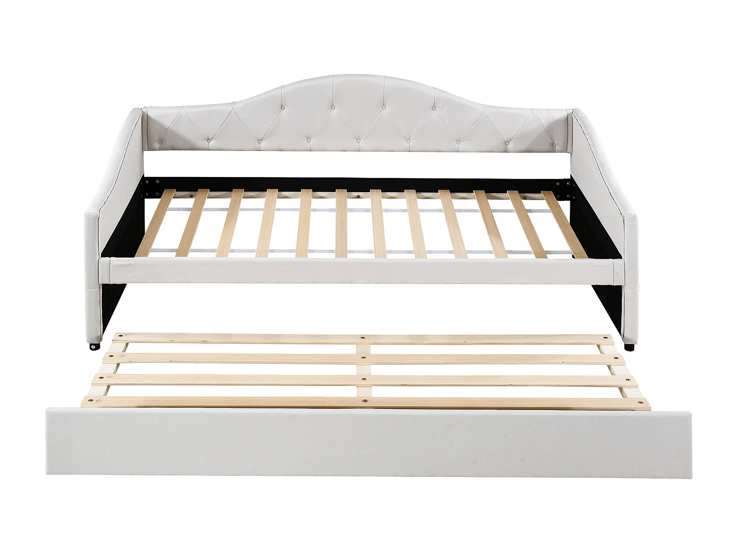 Lit enfant 90x200 cm beige en lin avec lit gigogne 90x190 cm, sans matelas