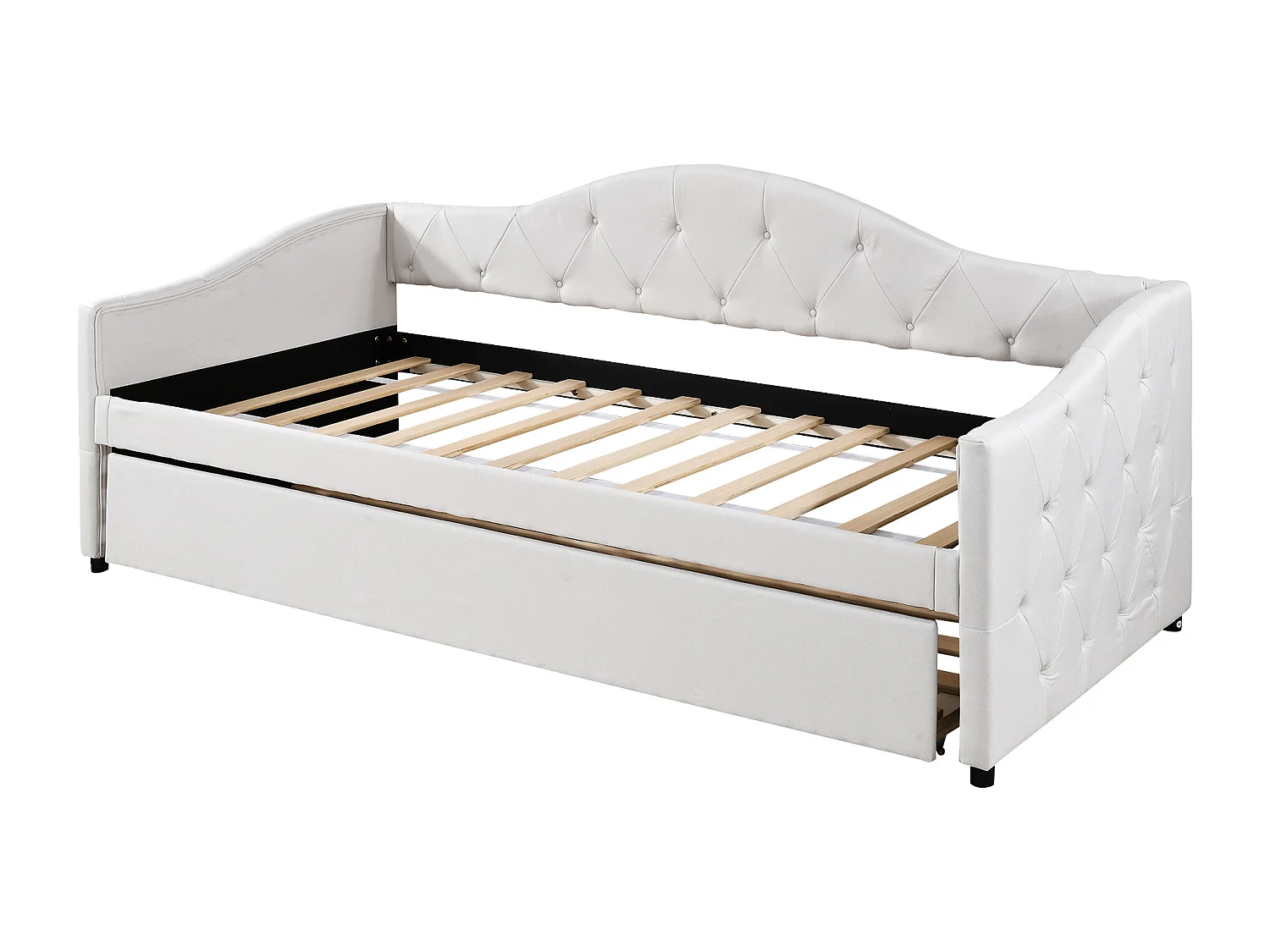 Lit enfant 90x200 cm beige en lin avec lit gigogne 90x190 cm, sans matelas