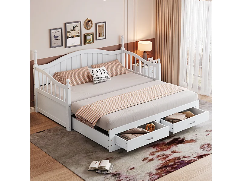 Letto per bambini 90/180x190 cm, letto estraibile con 2 cassetti, pino, letto multifunzionale, bianco