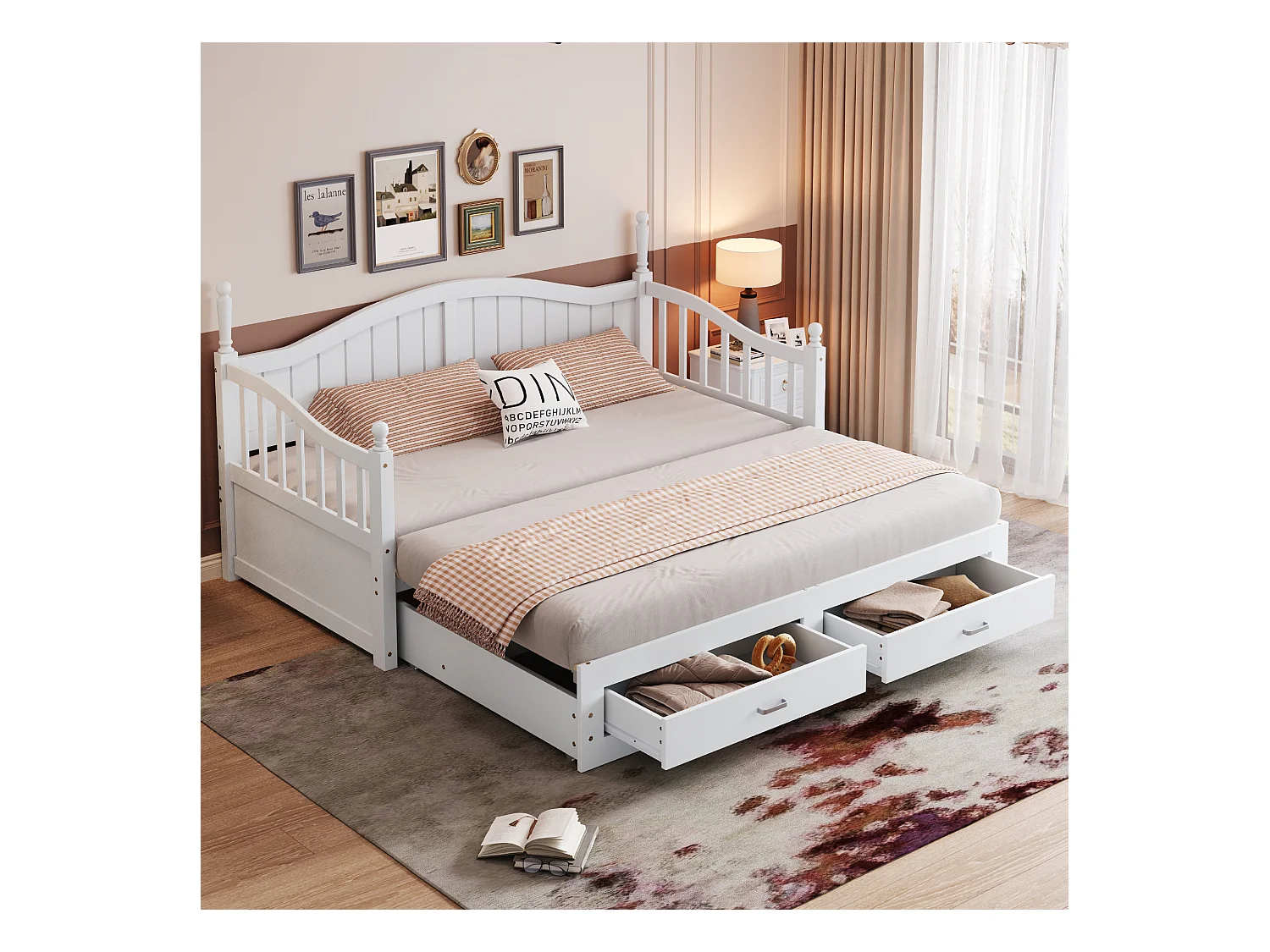 Lit enfant 90/180x190 cm, lit gigogne avec 2 tiroirs, pin, lit multifonctionnel, blanc