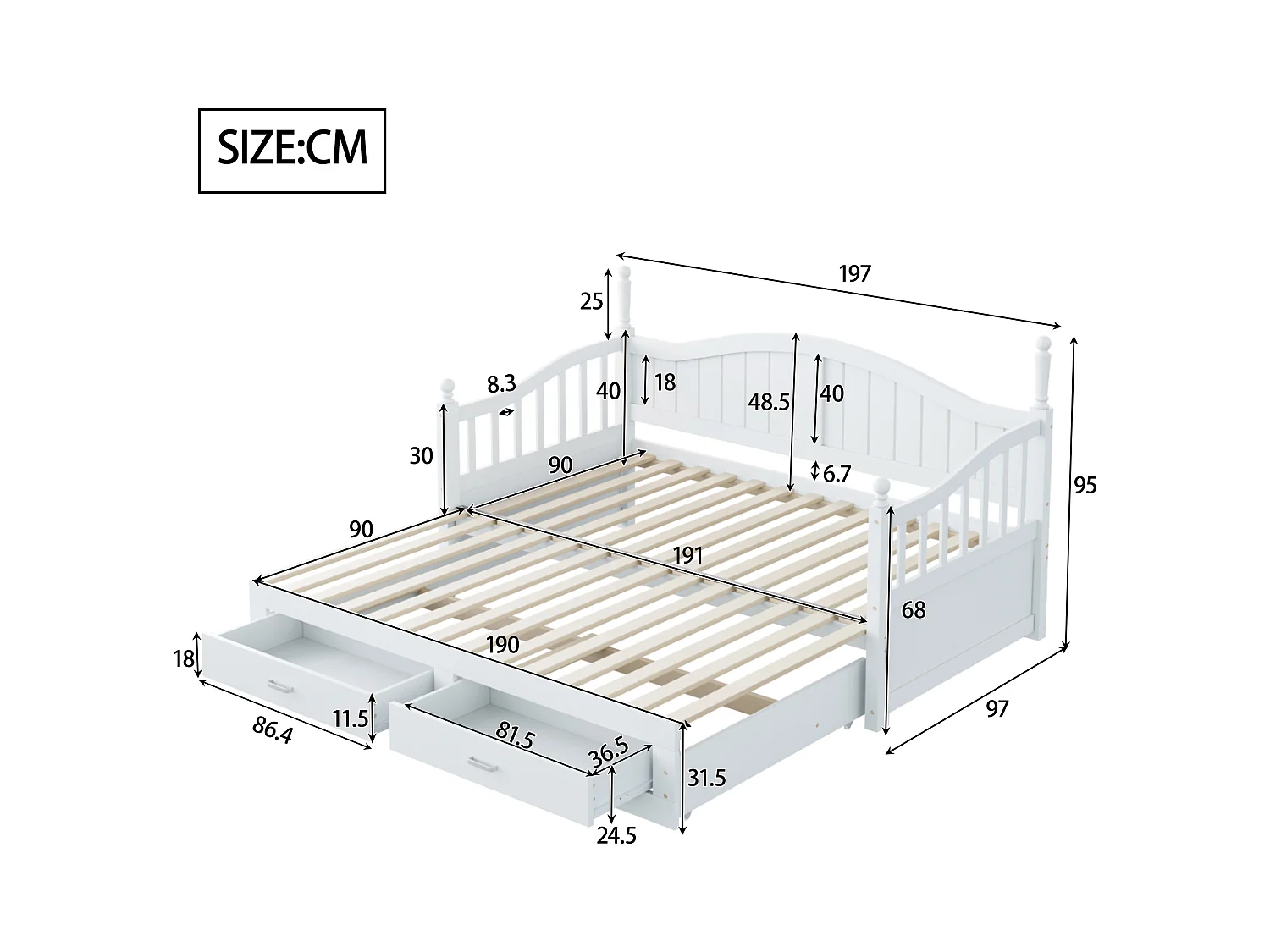 Lit enfant 90/180x190 cm, lit gigogne avec 2 tiroirs, pin, lit multifonctionnel, blanc