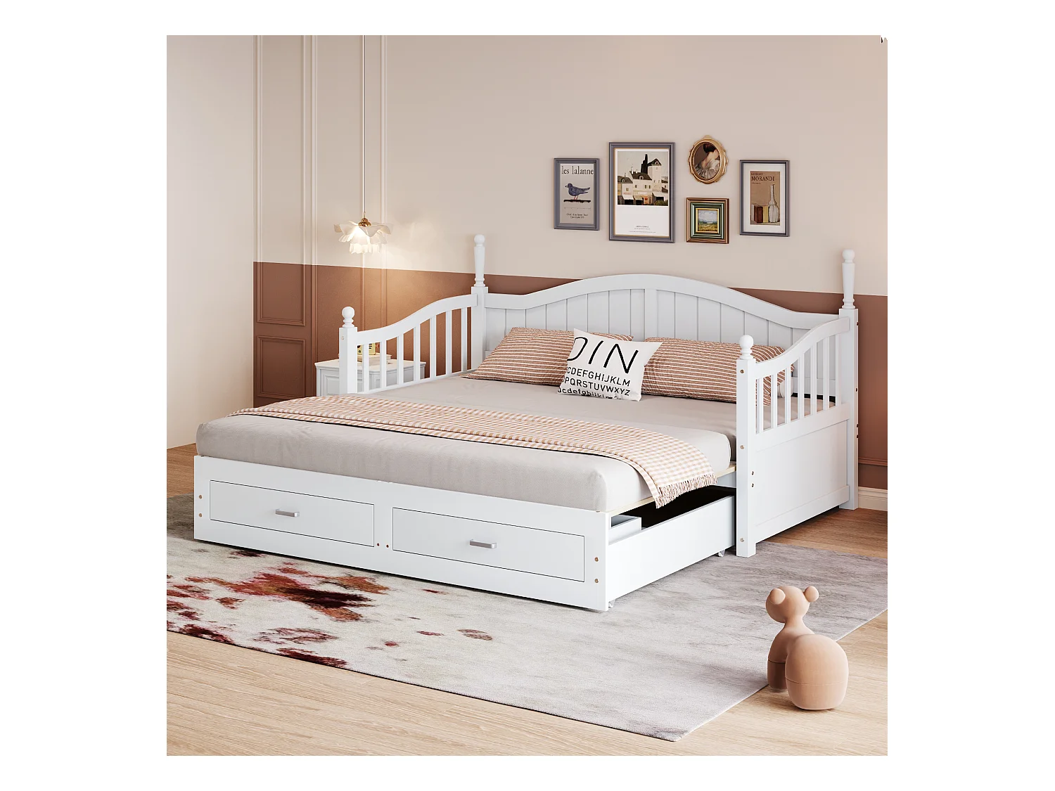 Lit enfant 90/180x190 cm, lit gigogne avec 2 tiroirs, pin, lit multifonctionnel, blanc