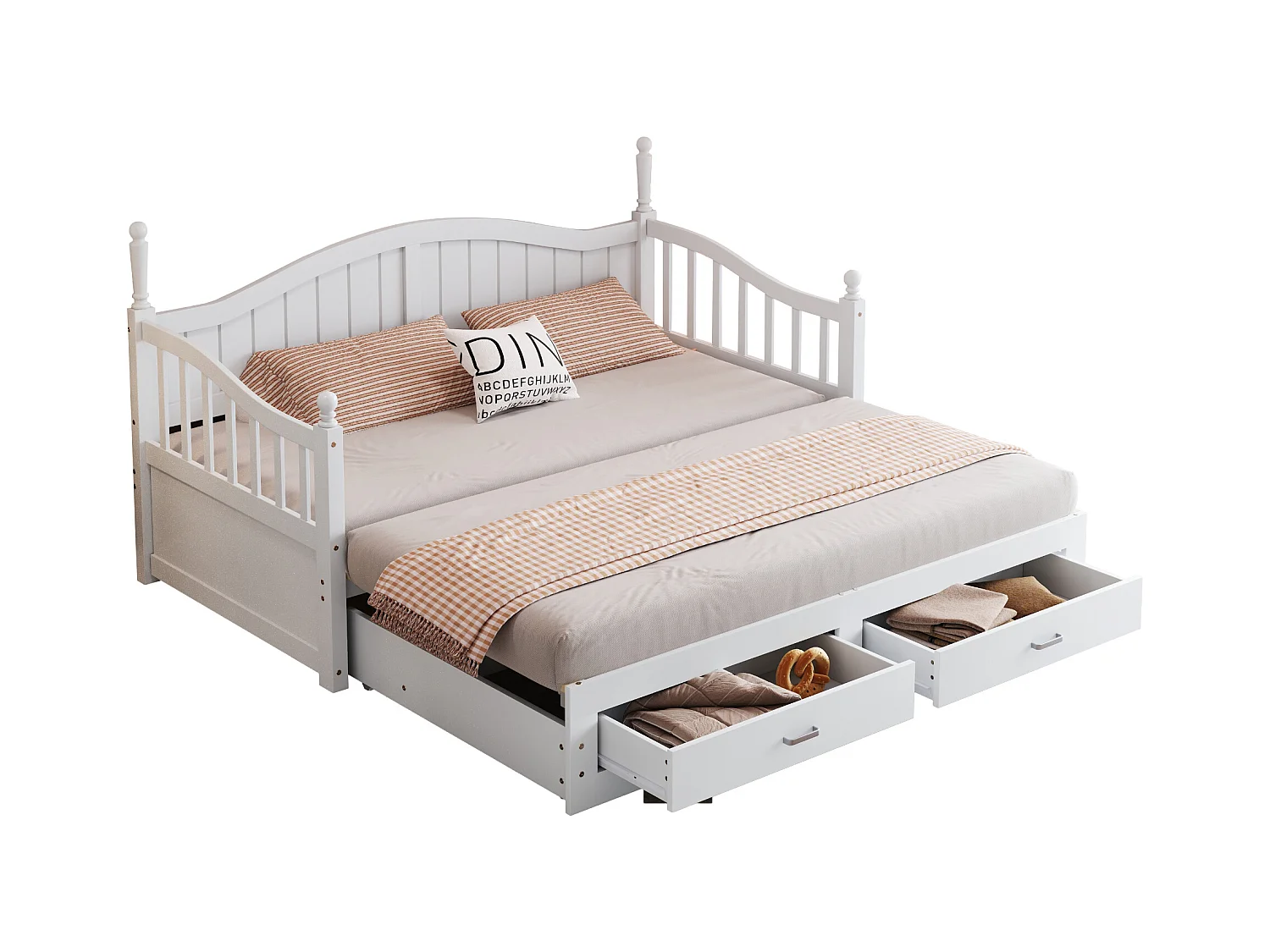 Lit enfant 90/180x190 cm, lit gigogne avec 2 tiroirs, pin, lit multifonctionnel, blanc