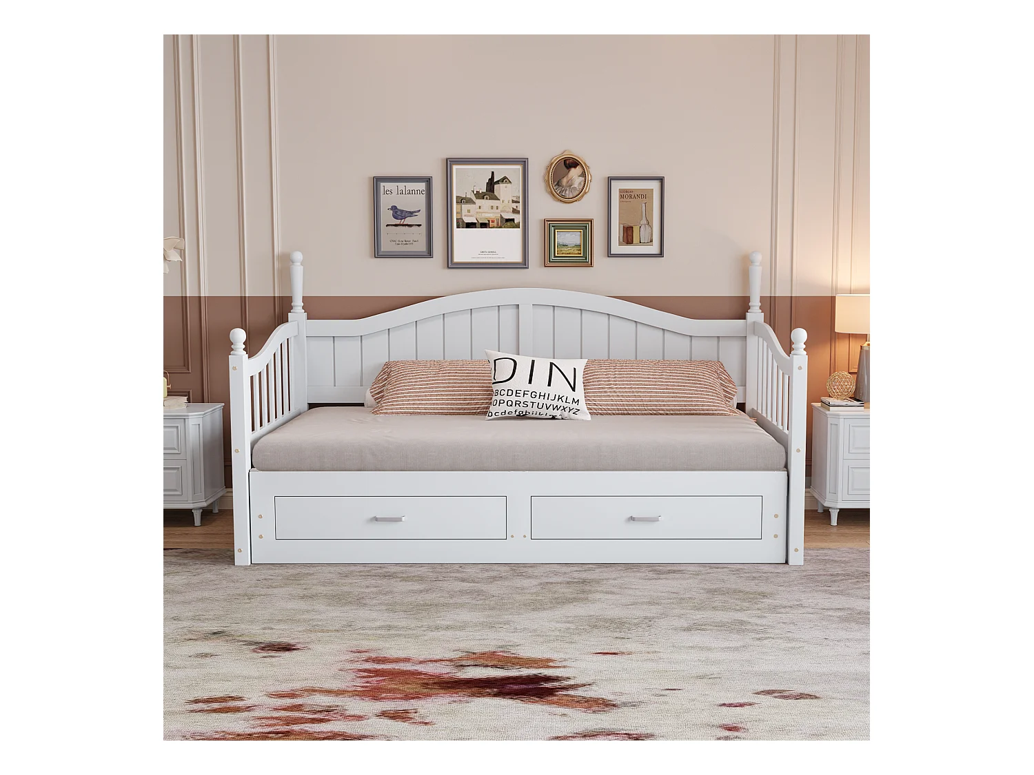 Lit enfant 90/180x190 cm, lit gigogne avec 2 tiroirs, pin, lit multifonctionnel, blanc