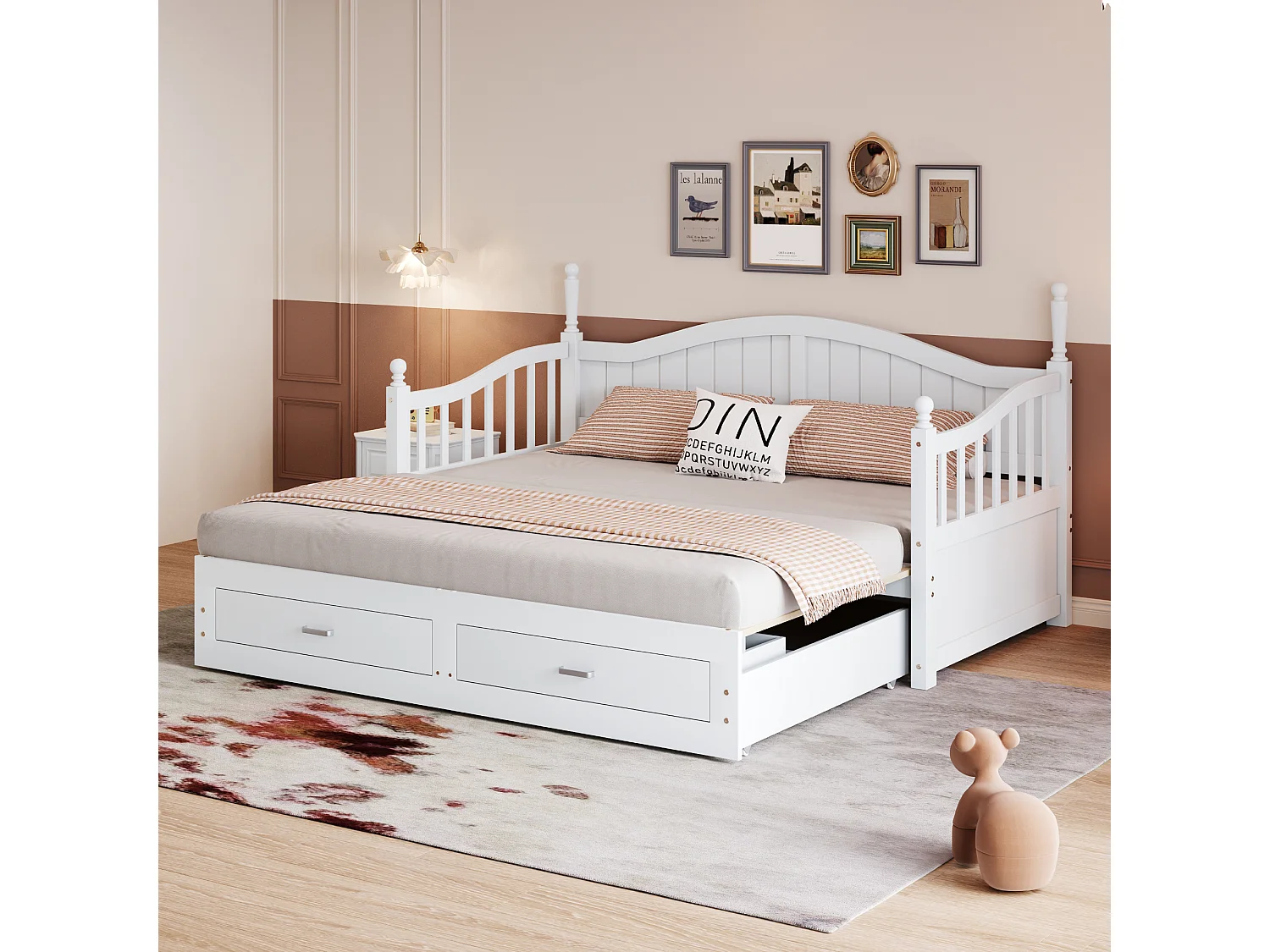 Lit enfant 90/180x190 cm, lit gigogne avec 2 tiroirs, pin, lit multifonctionnel, blanc