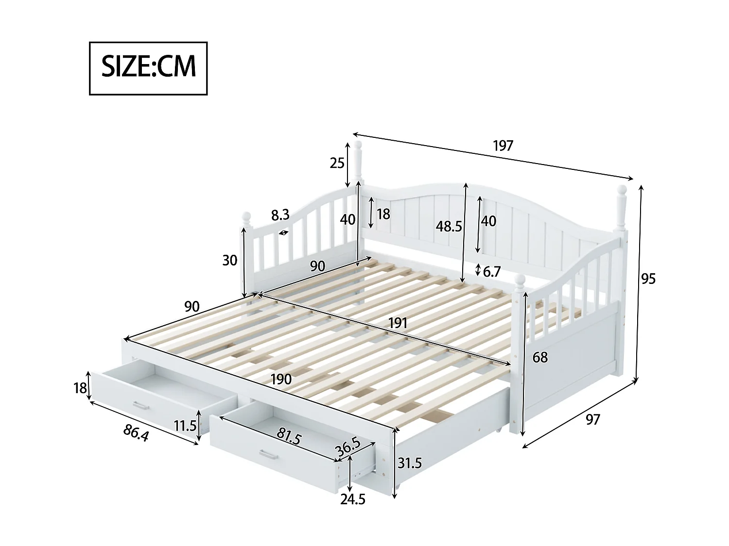 Lit enfant 90/180x190 cm, lit gigogne avec 2 tiroirs, pin, lit multifonctionnel, blanc
