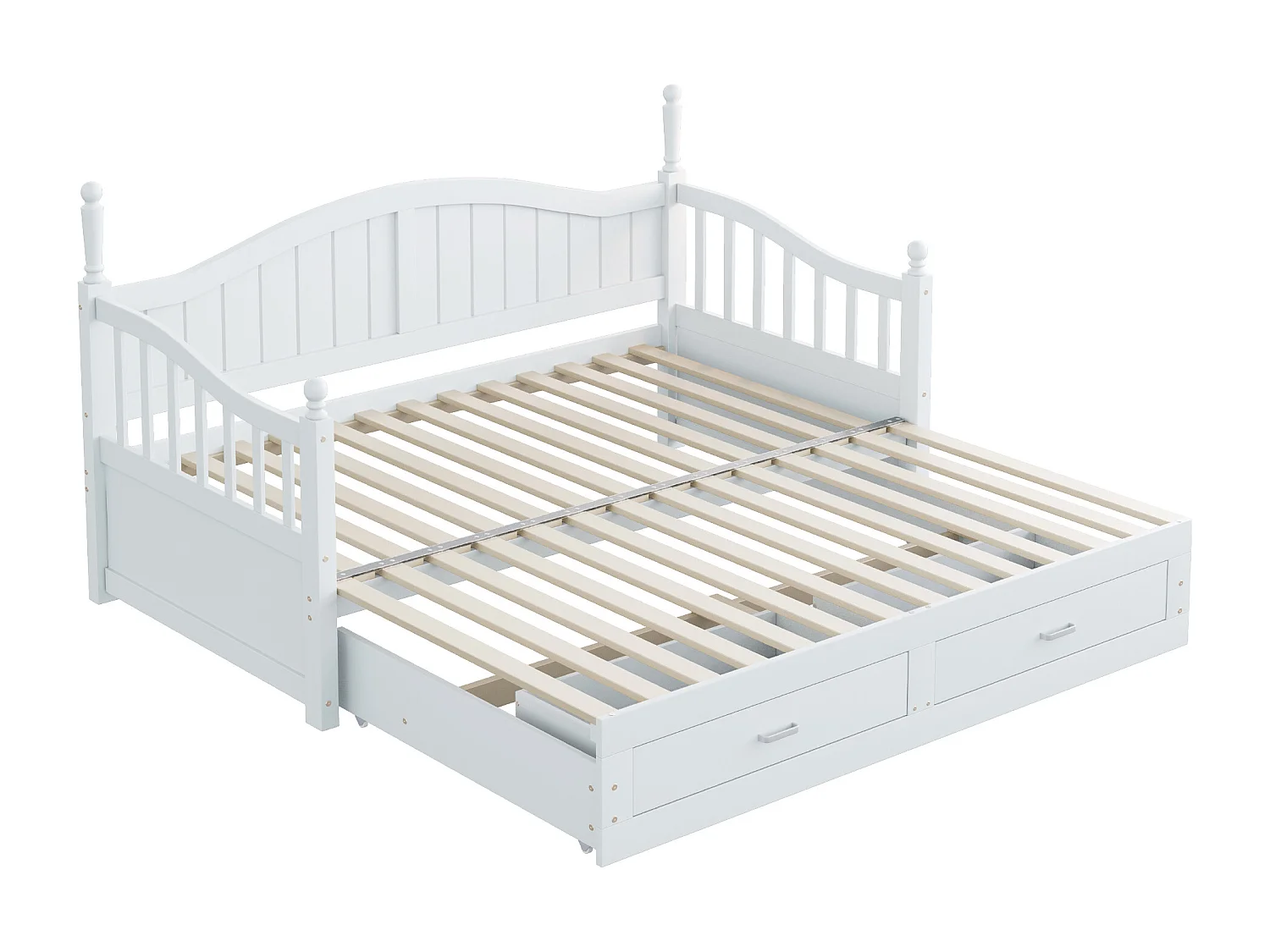 Lit enfant 90/180x190 cm, lit gigogne avec 2 tiroirs, pin, lit multifonctionnel, blanc