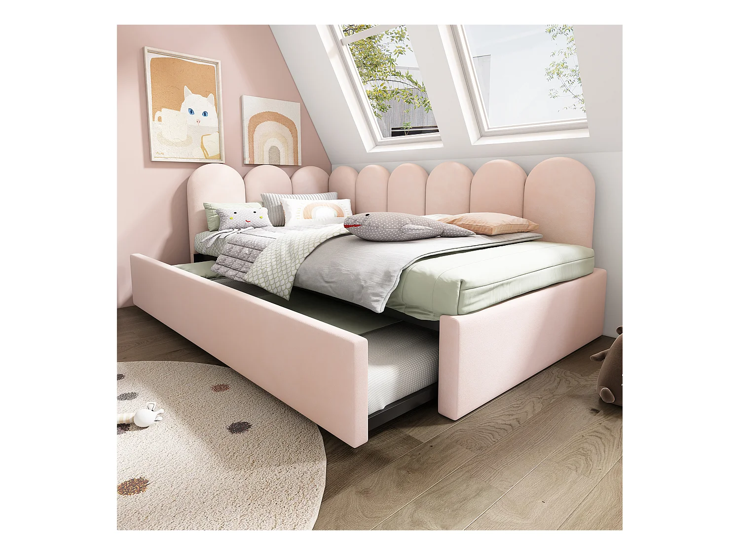 Letto estraibile 90x200/190 cm - Letto imbottito con rete a doghe - velluto rosa - senza materasso