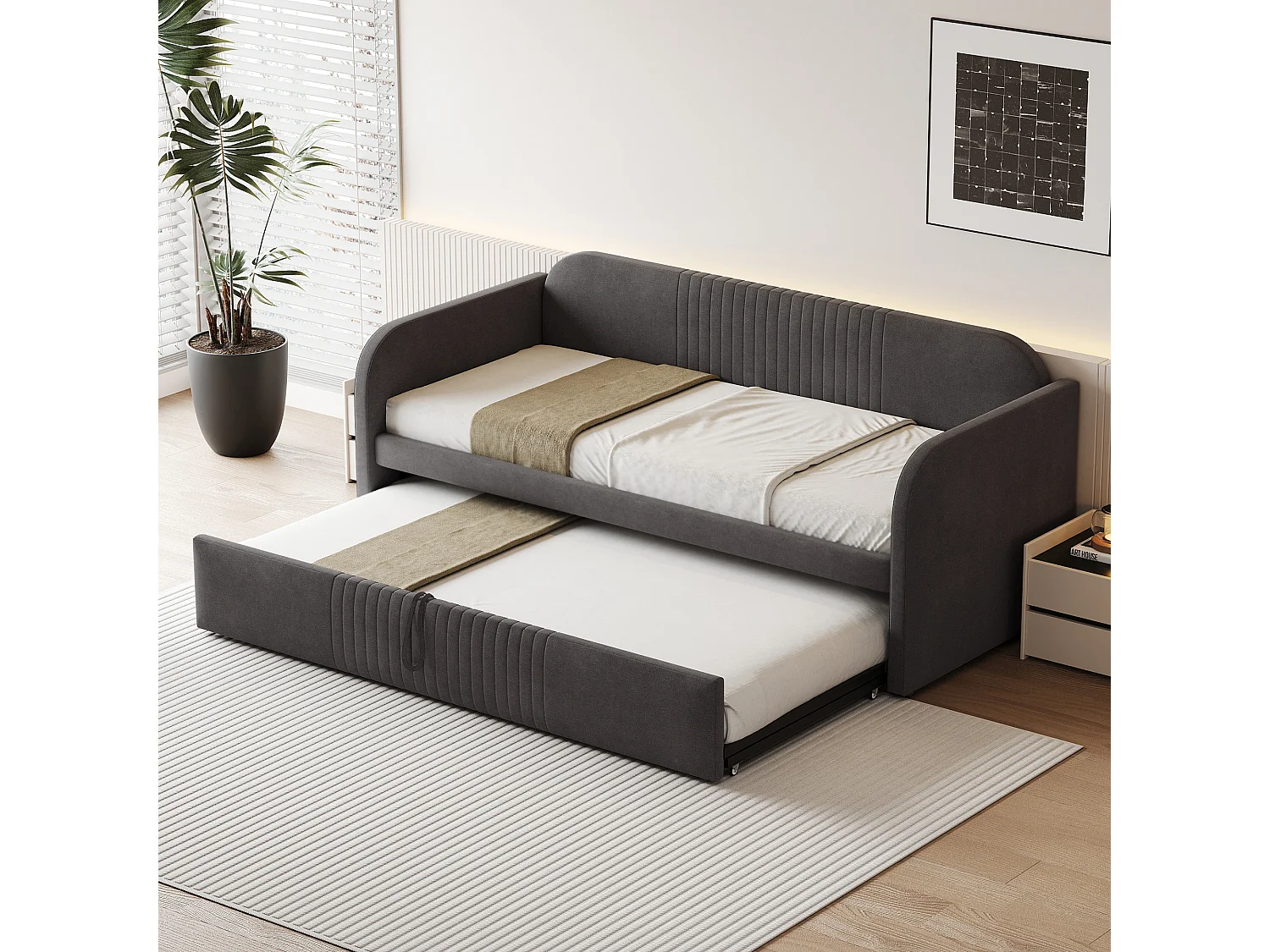 Lit gigogne 90/180x190 cm - Lit adulte avec sommier à lattes en bois - lin gris - sans matelas