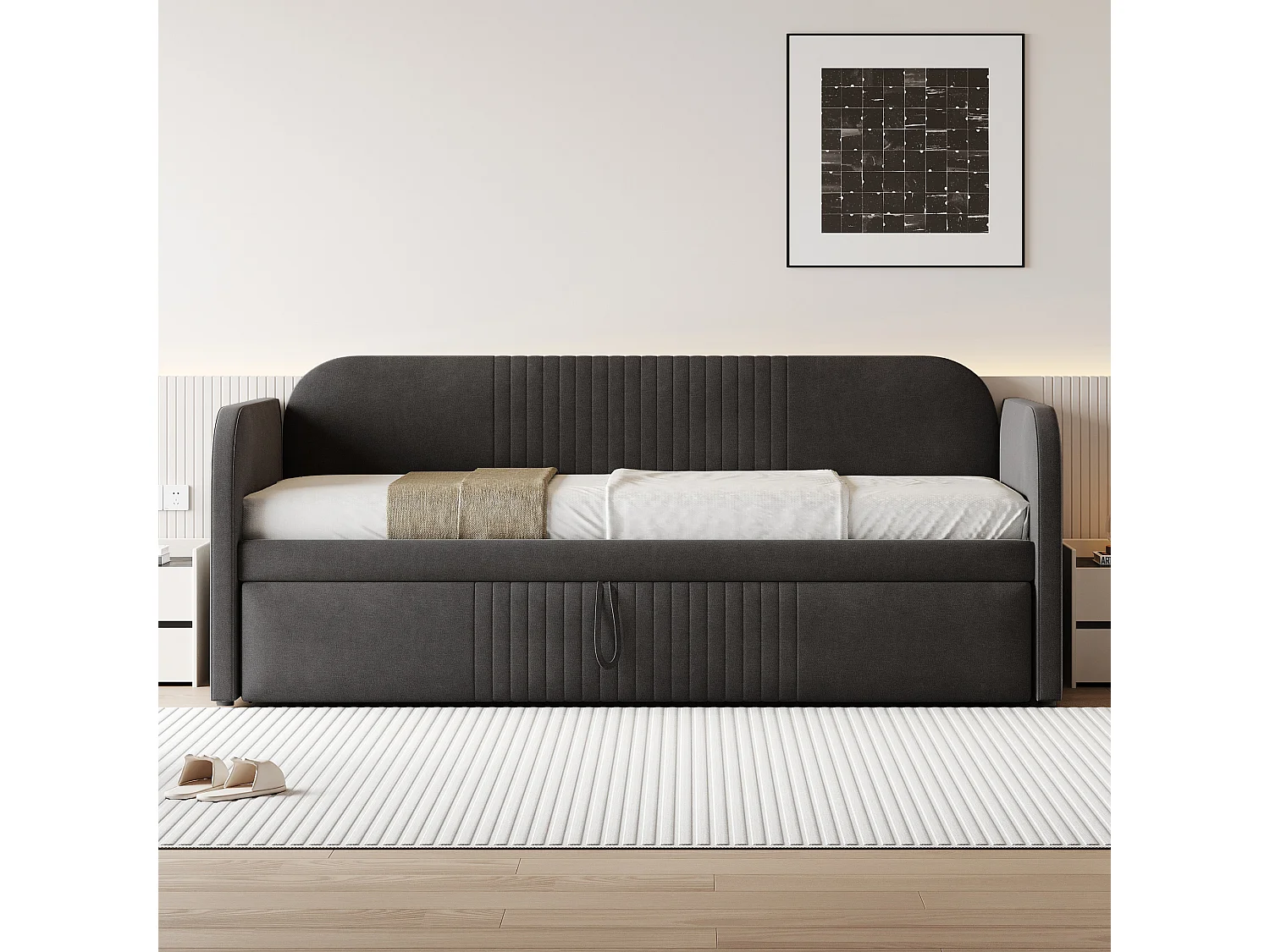 Lit gigogne 90/180x190 cm - Lit adulte avec sommier à lattes en bois - lin gris - sans matelas