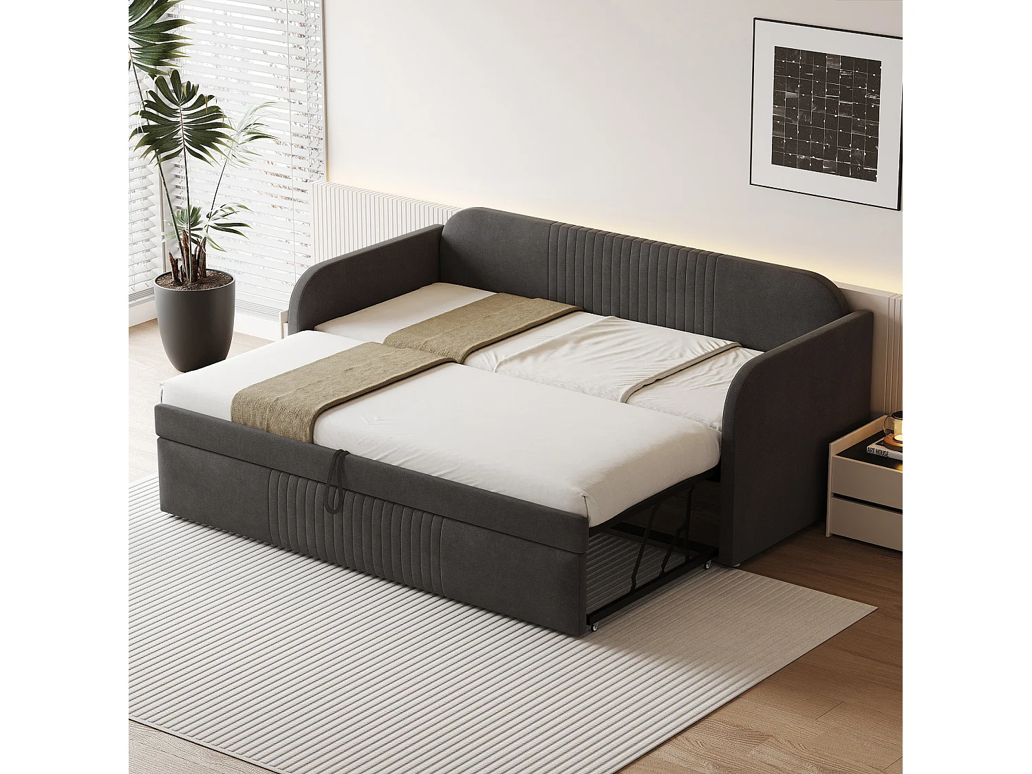 Lit gigogne 90/180x190 cm - Lit adulte avec sommier à lattes en bois - lin gris - sans matelas