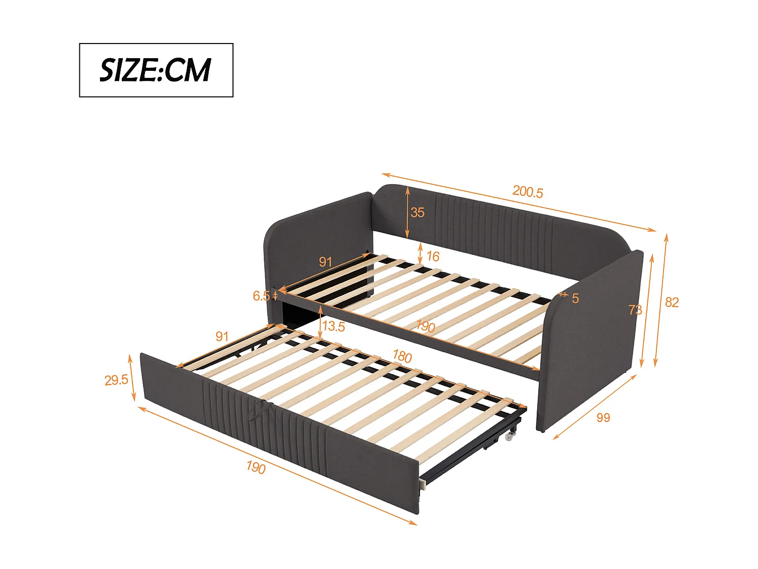 Lit gigogne 90/180x190 cm - Lit adulte avec sommier à lattes en bois - lin gris - sans matelas