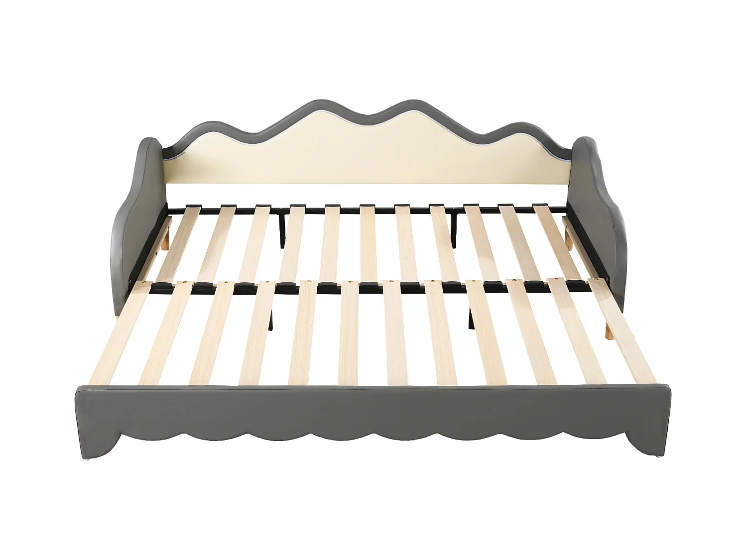 Lit gigogne enfant 90(180)x190cm avec éclairage LED, multifonction 2 en 1, lit enfant en similicuir, gris, sans matelas