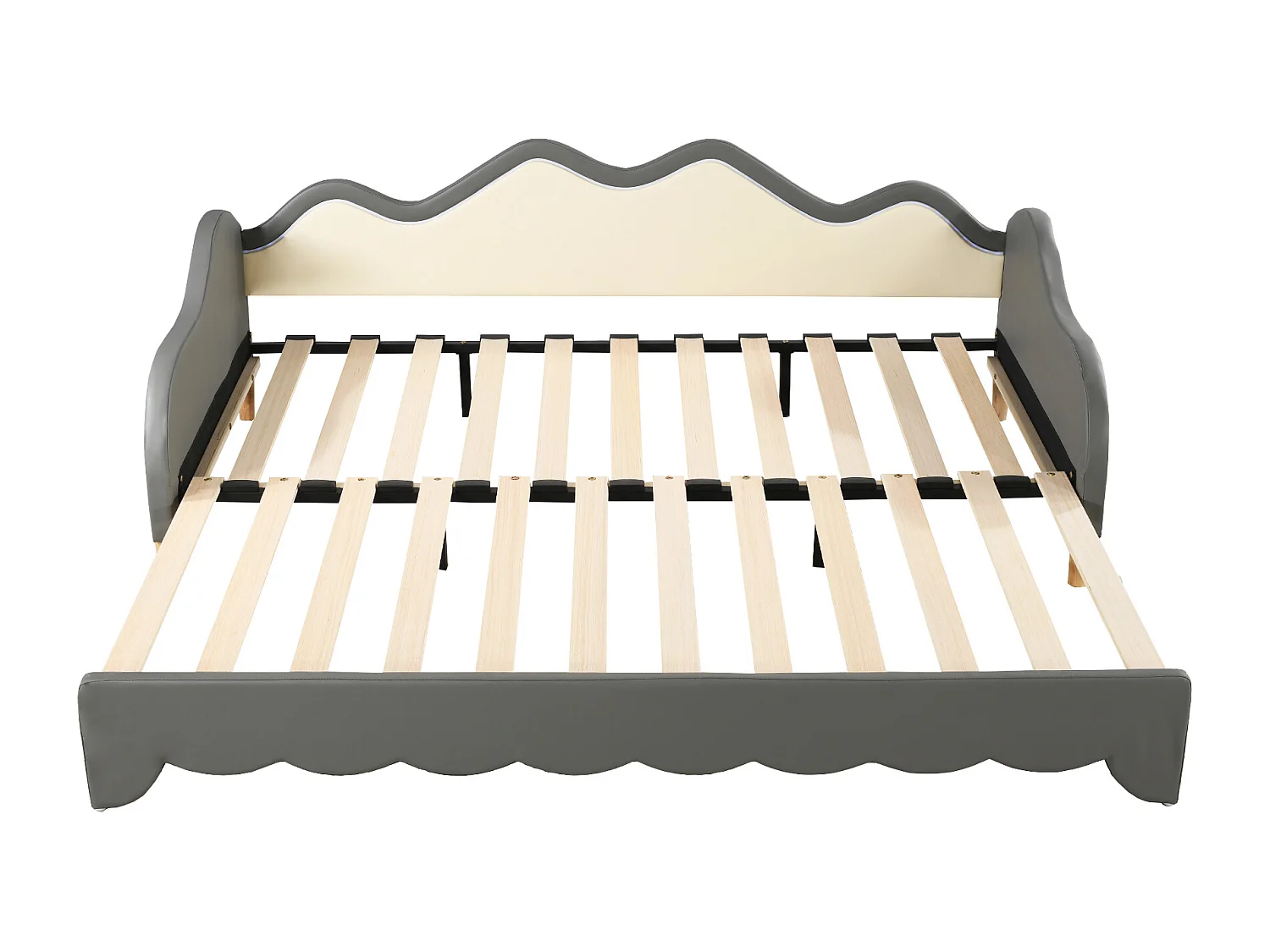 Lit gigogne enfant 90(180)x190cm avec éclairage LED, multifonction 2 en 1, lit enfant en similicuir, gris, sans matelas