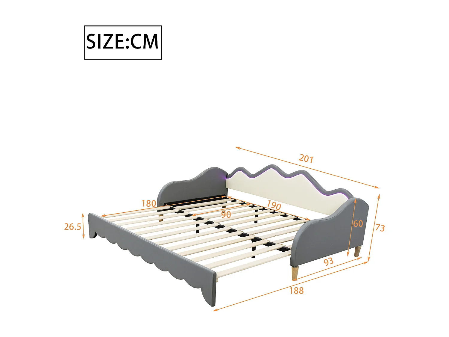 Lit gigogne enfant 90(180)x190cm avec éclairage LED, multifonction 2 en 1, lit enfant en similicuir, gris, sans matelas