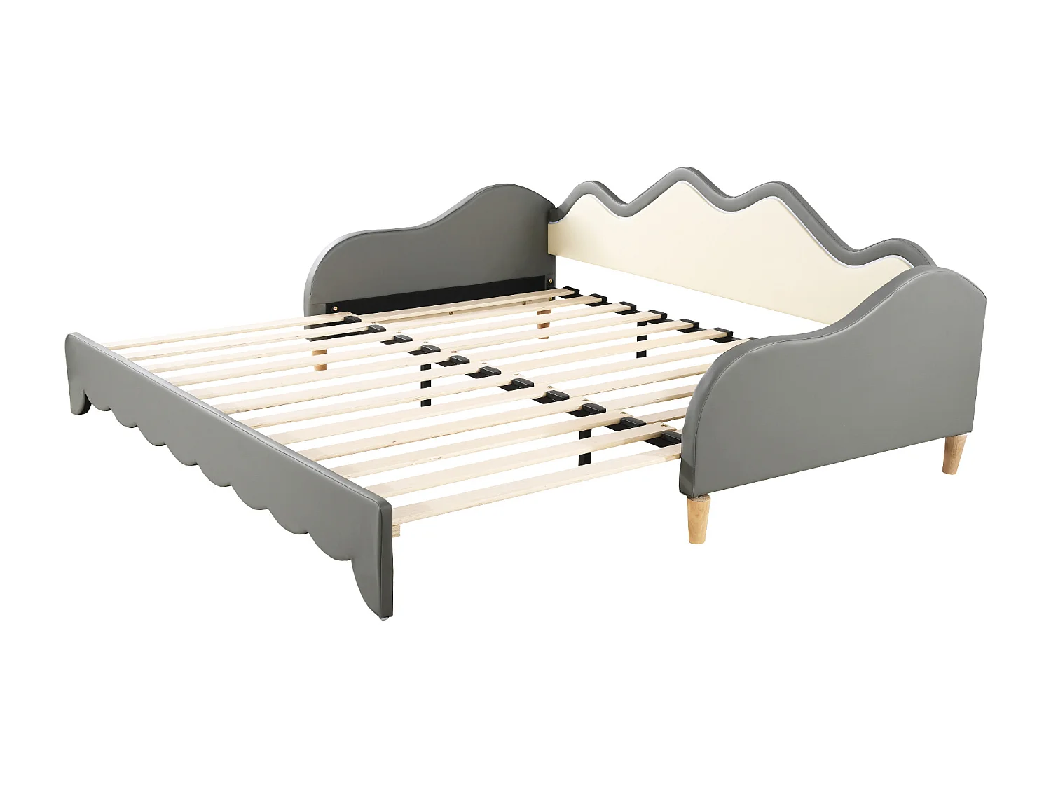 Lit gigogne enfant 90(180)x190cm avec éclairage LED, multifonction 2 en 1, lit enfant en similicuir, gris, sans matelas
