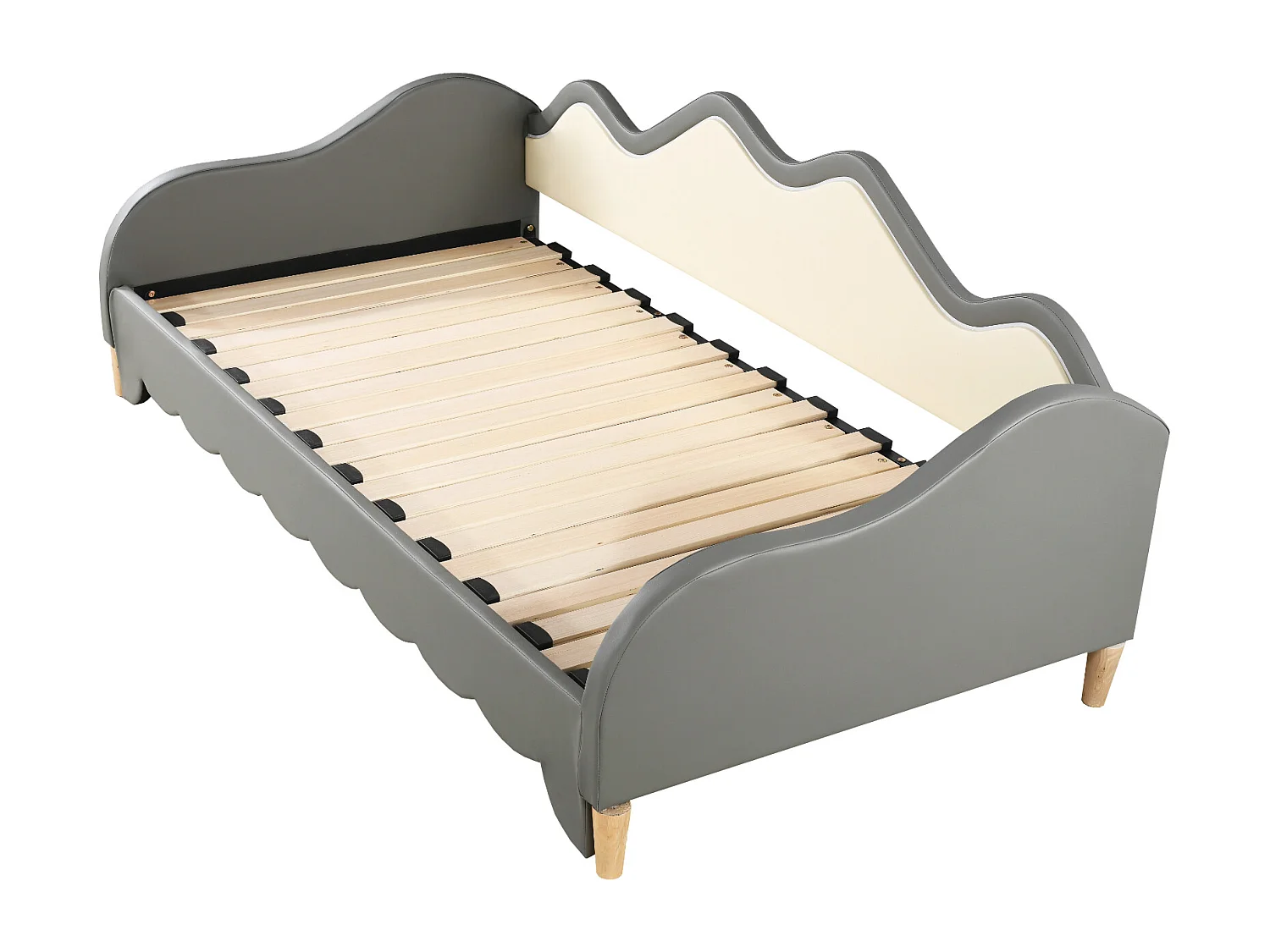Lit gigogne enfant 90(180)x190cm avec éclairage LED, multifonction 2 en 1, lit enfant en similicuir, gris, sans matelas