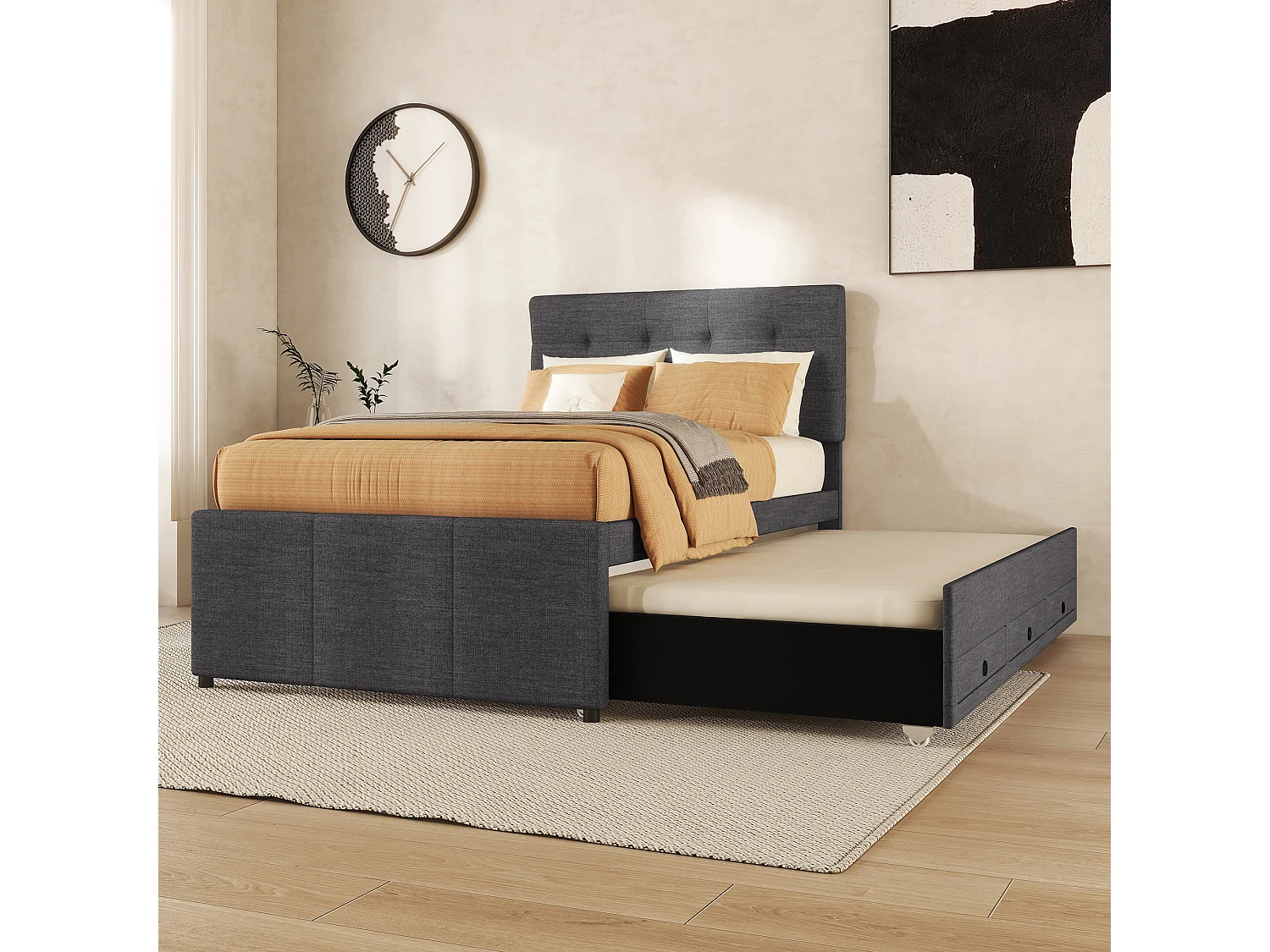 Lit adulte 90x200 cm en lin gris avec 3 tiroirs avec lit gigogne 90x190cm, tête de lit réglable en hauteur, sans matelas