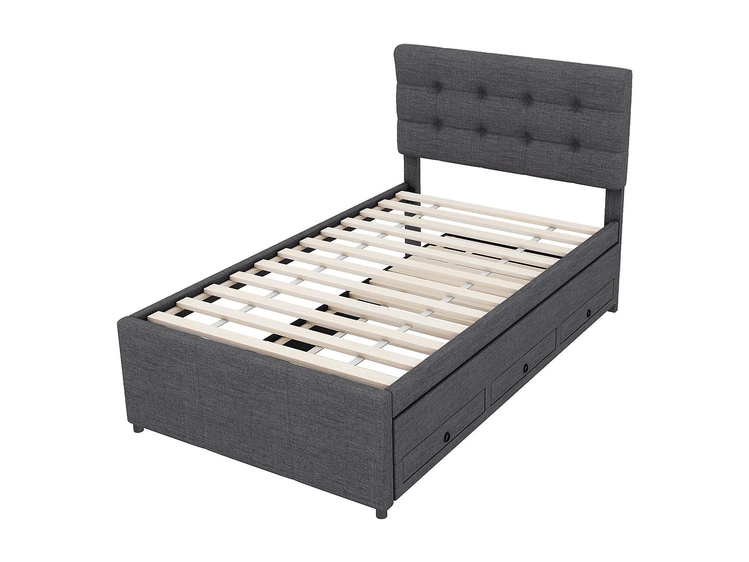 Lit adulte 90x200 cm en lin gris avec 3 tiroirs avec lit gigogne 90x190cm, tête de lit réglable en hauteur, sans matelas