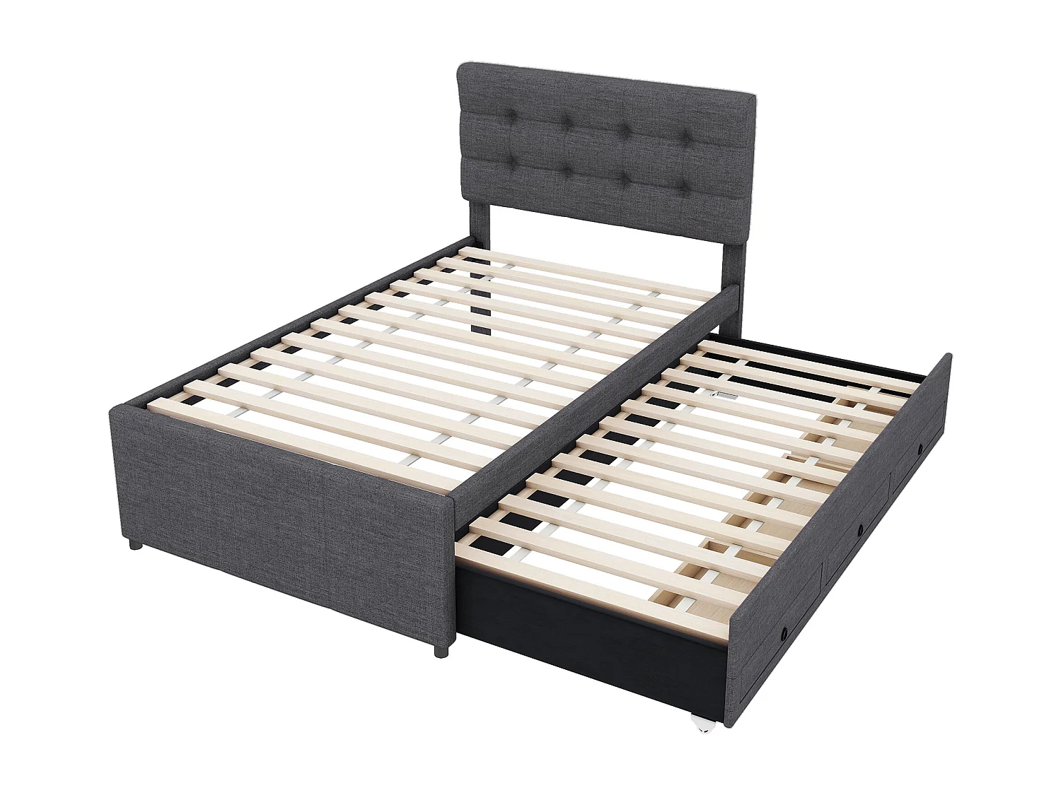 Lit adulte 90x200 cm en lin gris avec 3 tiroirs avec lit gigogne 90x190cm, tête de lit réglable en hauteur, sans matelas