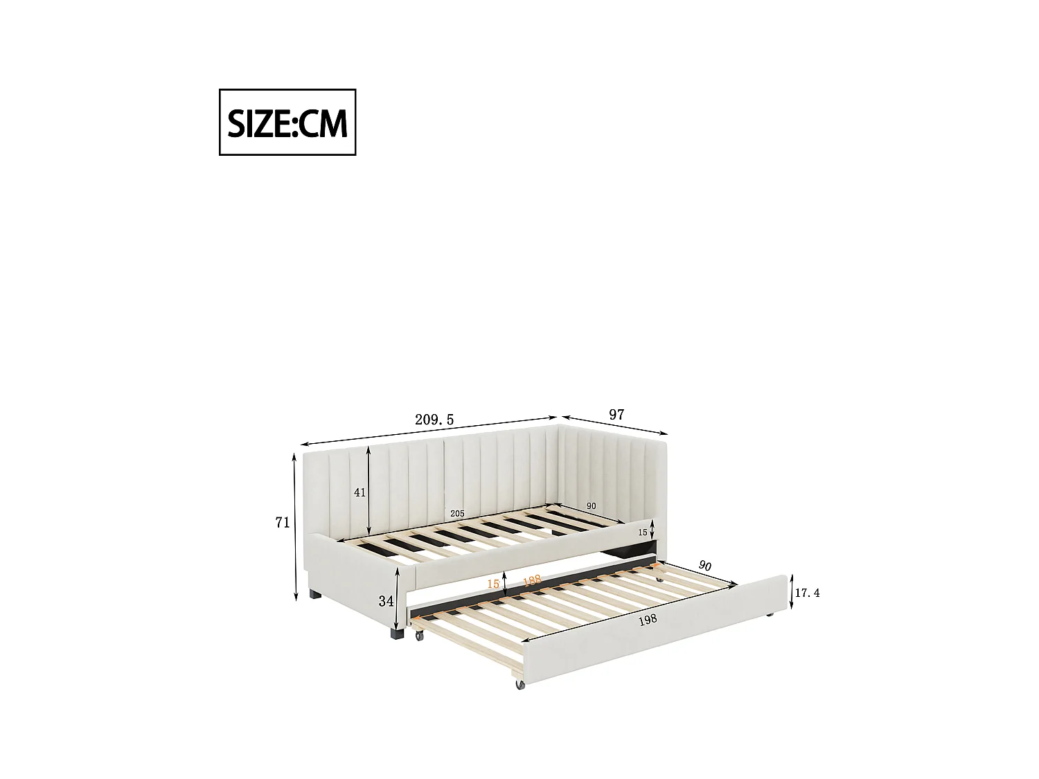 Lit enfant 90x200cm avec lit gigogne 90x190cm beige, flanelle, sans matelas