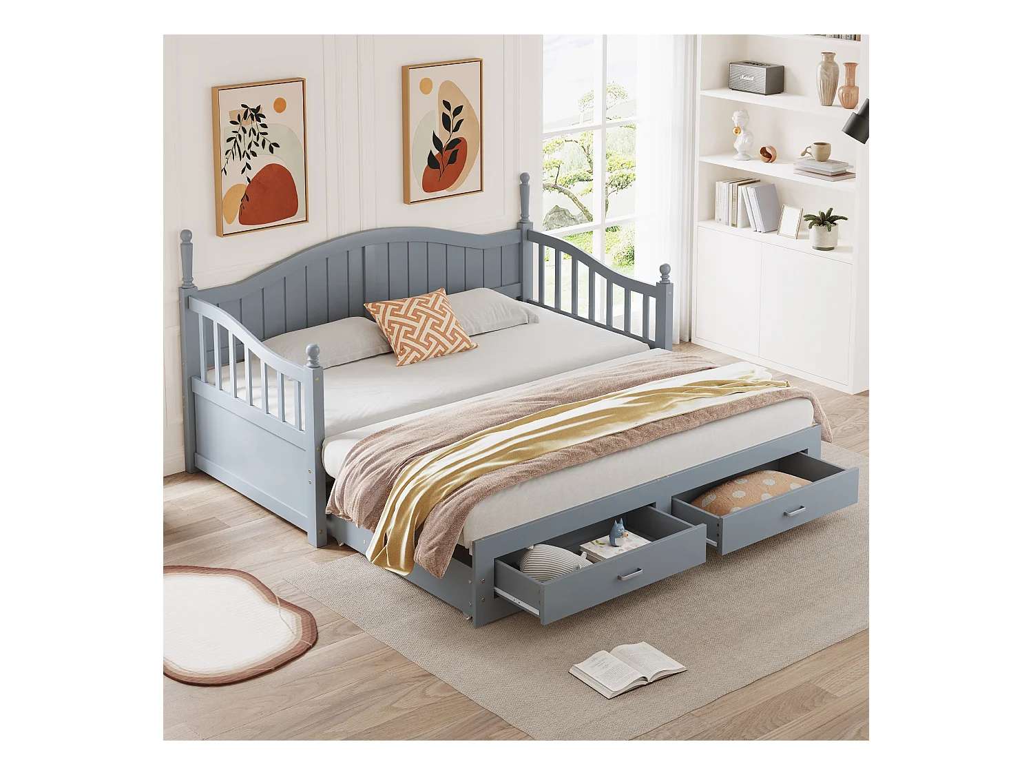 Lit enfant 90/180x190 cm, lit gigogne avec 2 tiroirs, pin, lit multifonctionnel, gris