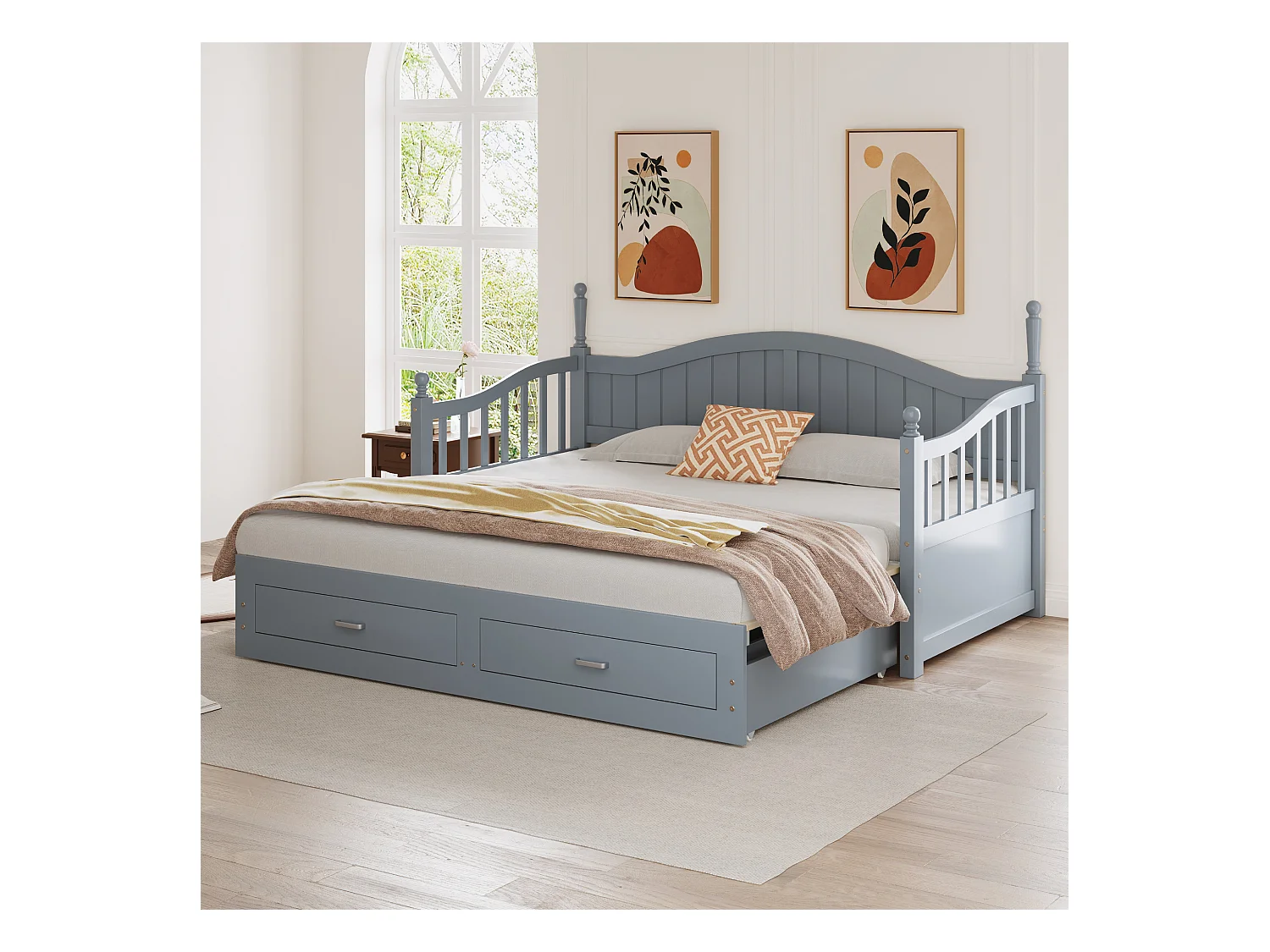 Lit enfant 90/180x190 cm, lit gigogne avec 2 tiroirs, pin, lit multifonctionnel, gris