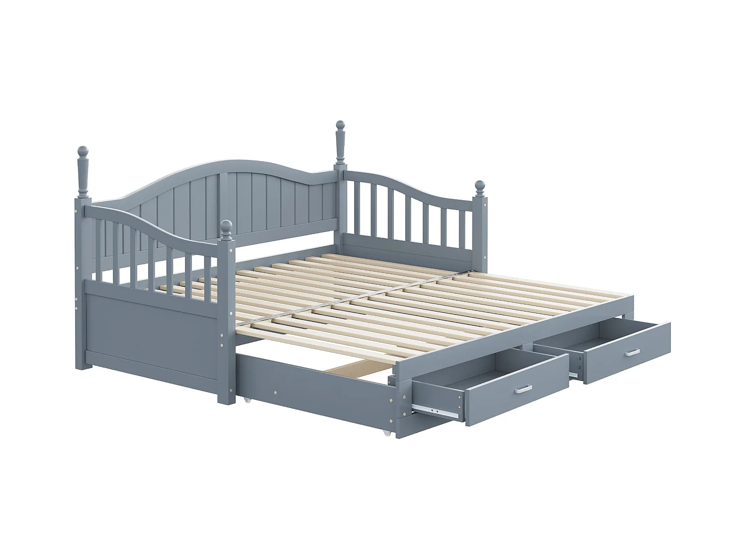 Lit enfant 90/180x190 cm, lit gigogne avec 2 tiroirs, pin, lit multifonctionnel, gris