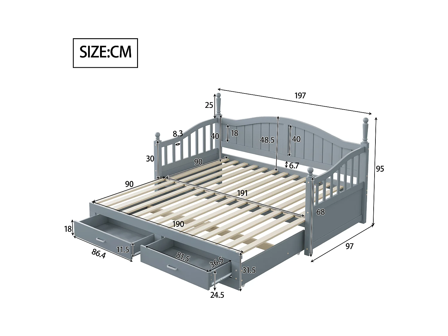 Lit enfant 90/180x190 cm, lit gigogne avec 2 tiroirs, pin, lit multifonctionnel, gris