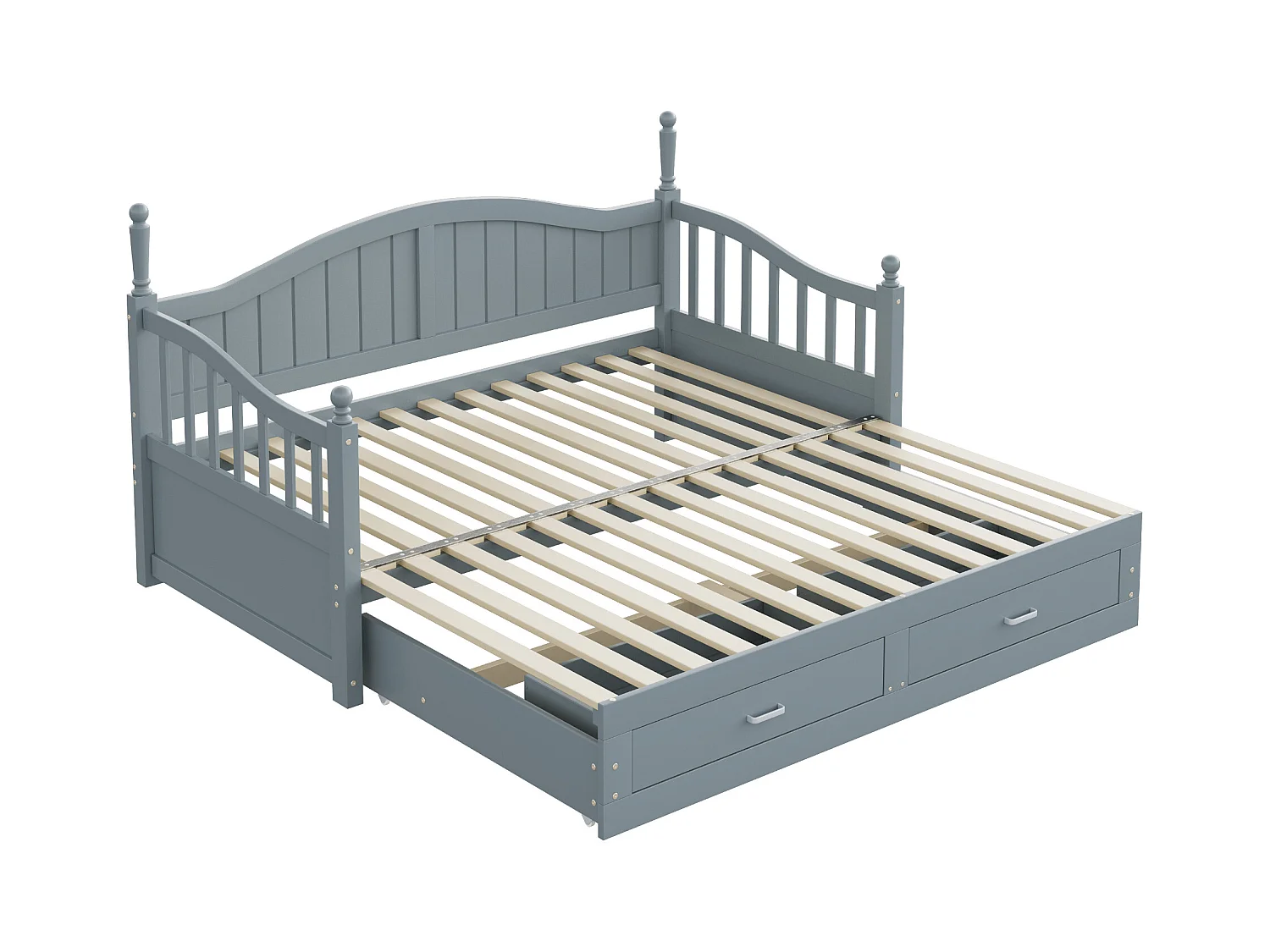 Lit enfant 90/180x190 cm, lit gigogne avec 2 tiroirs, pin, lit multifonctionnel, gris