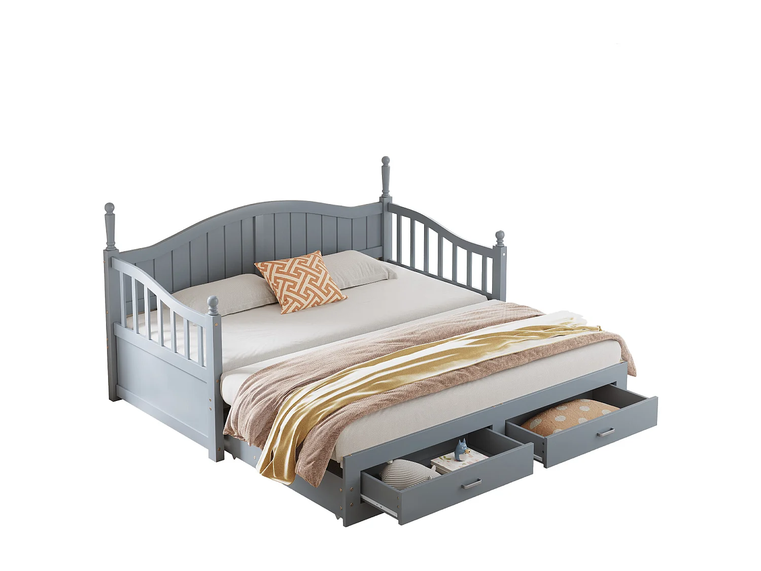 Letto per bambini 90/180x190 cm, letto estraibile con 2 cassetti, pino, letto multifunzionale, grigio