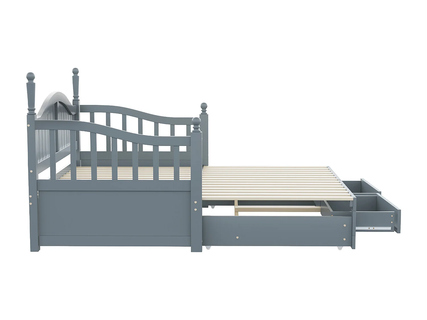 Letto per bambini 90/180x190 cm, letto estraibile con 2 cassetti, pino, letto multifunzionale, grigio