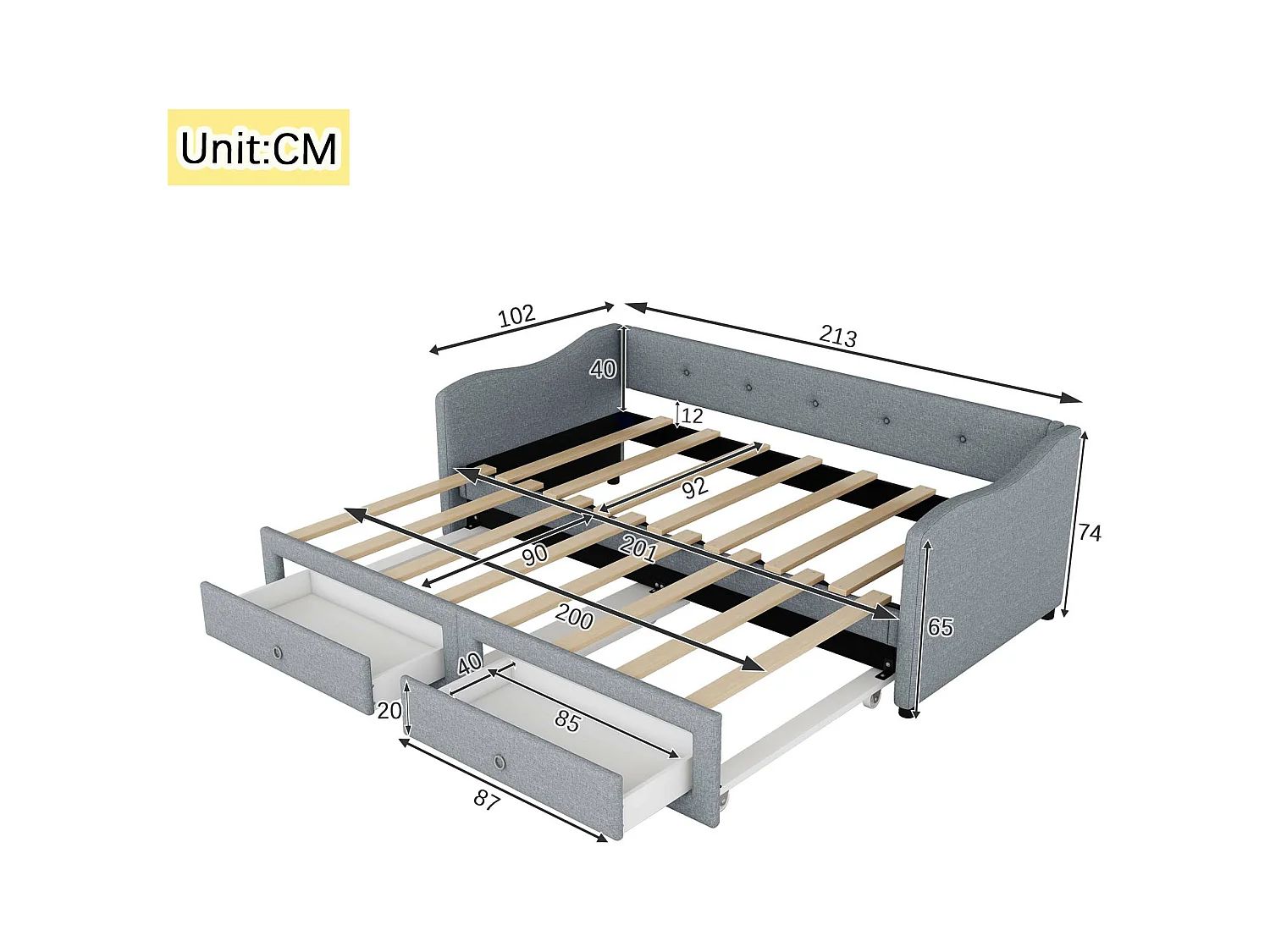 Lit enfant 90x200 cm convertible en lit adulte 180x200cm avec 2 tiroirs de rangement, lin, sans matelas, gris