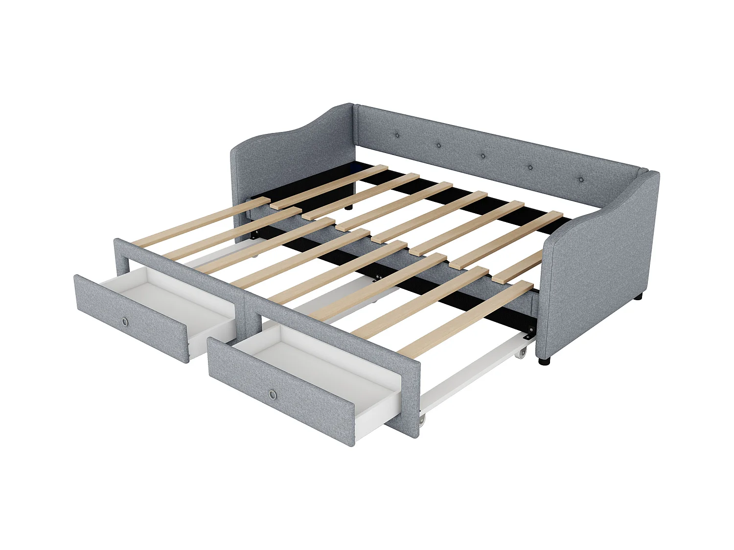 Lit enfant 90x200 cm convertible en lit adulte 180x200cm avec 2 tiroirs de rangement, lin, sans matelas, gris