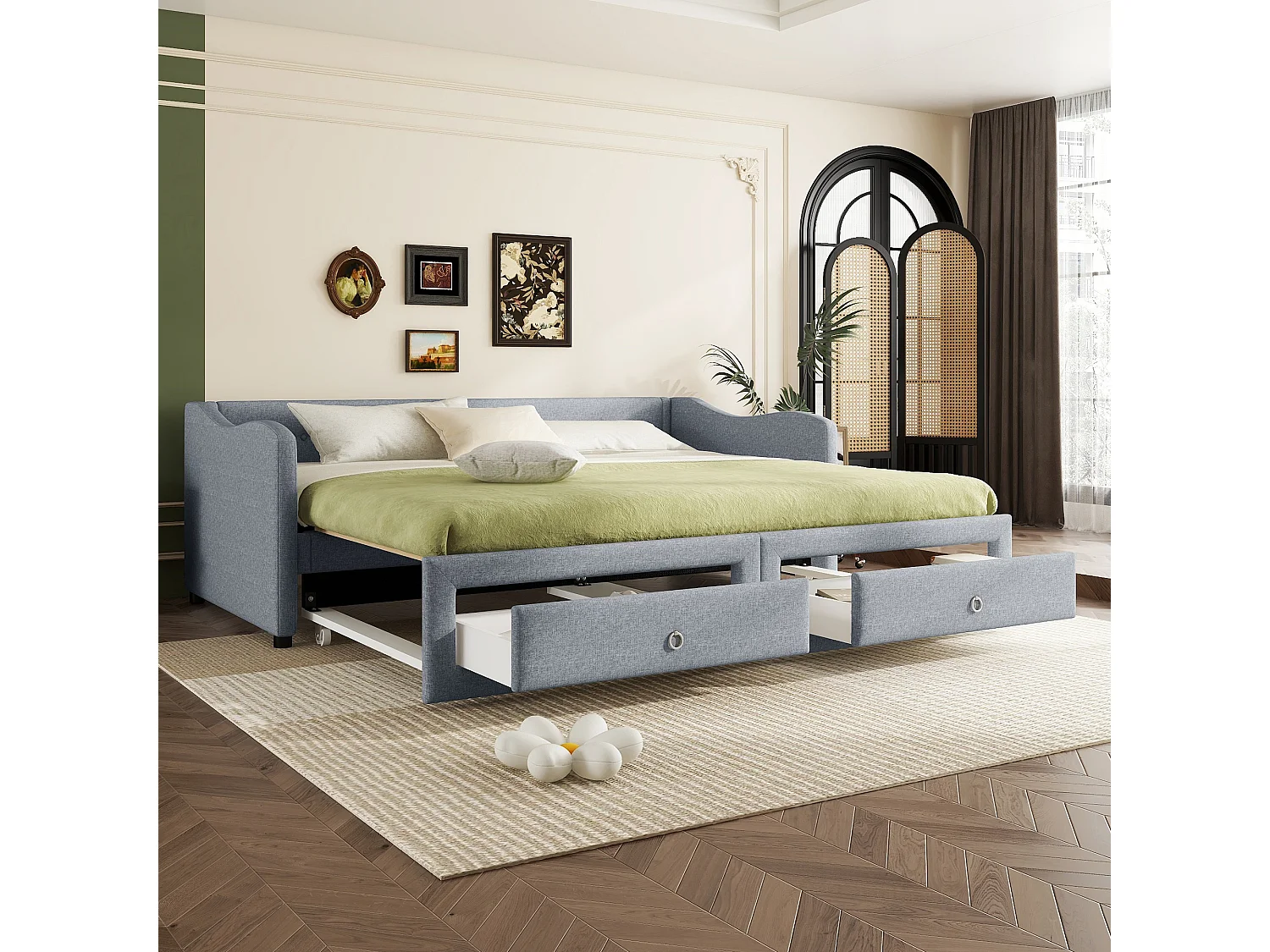 Lit enfant 90x200 cm convertible en lit adulte 180x200cm avec 2 tiroirs de rangement, lin, sans matelas, gris