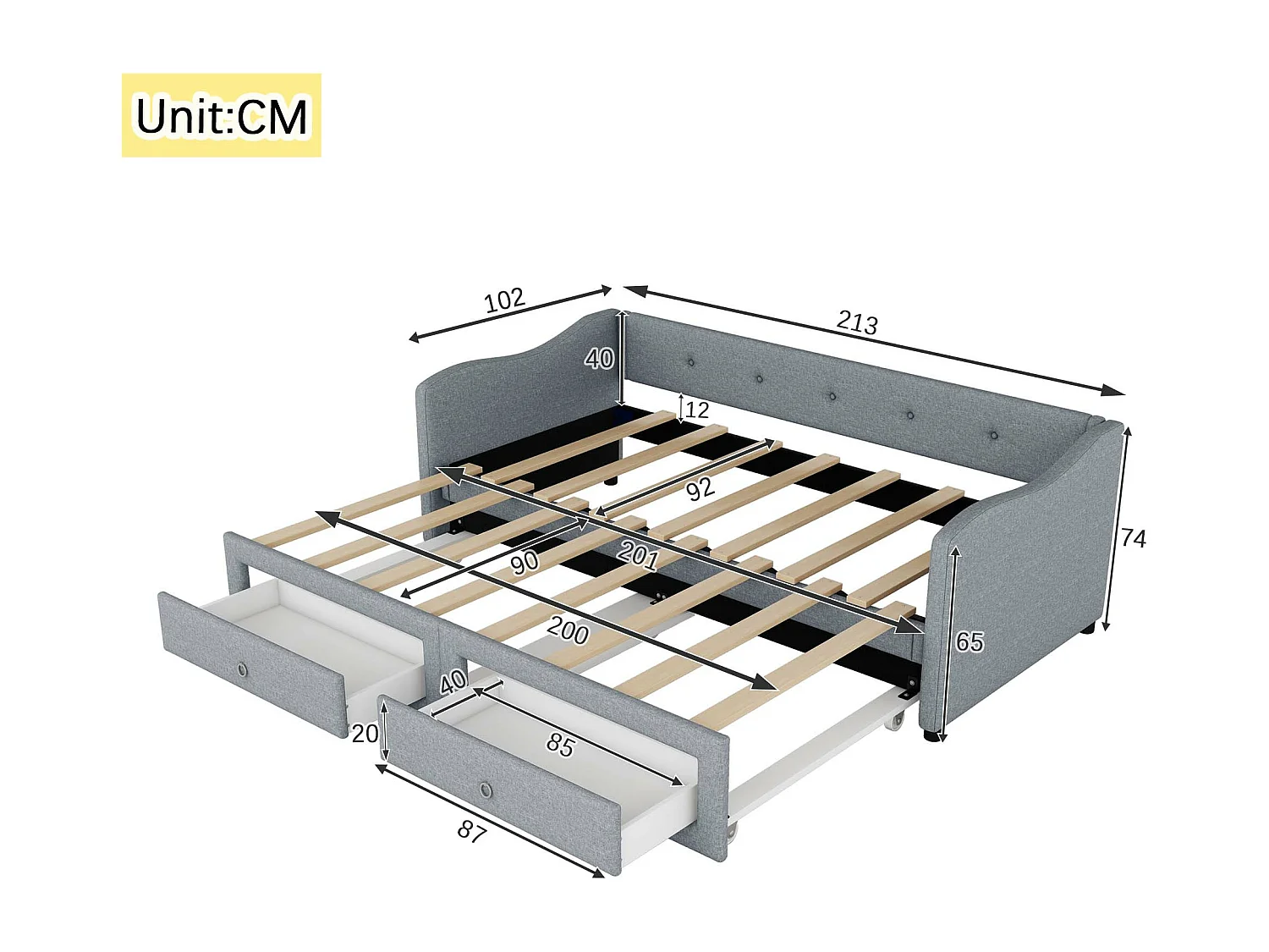 Lit enfant 90x200 cm convertible en lit adulte 180x200cm avec 2 tiroirs de rangement, lin, sans matelas, gris