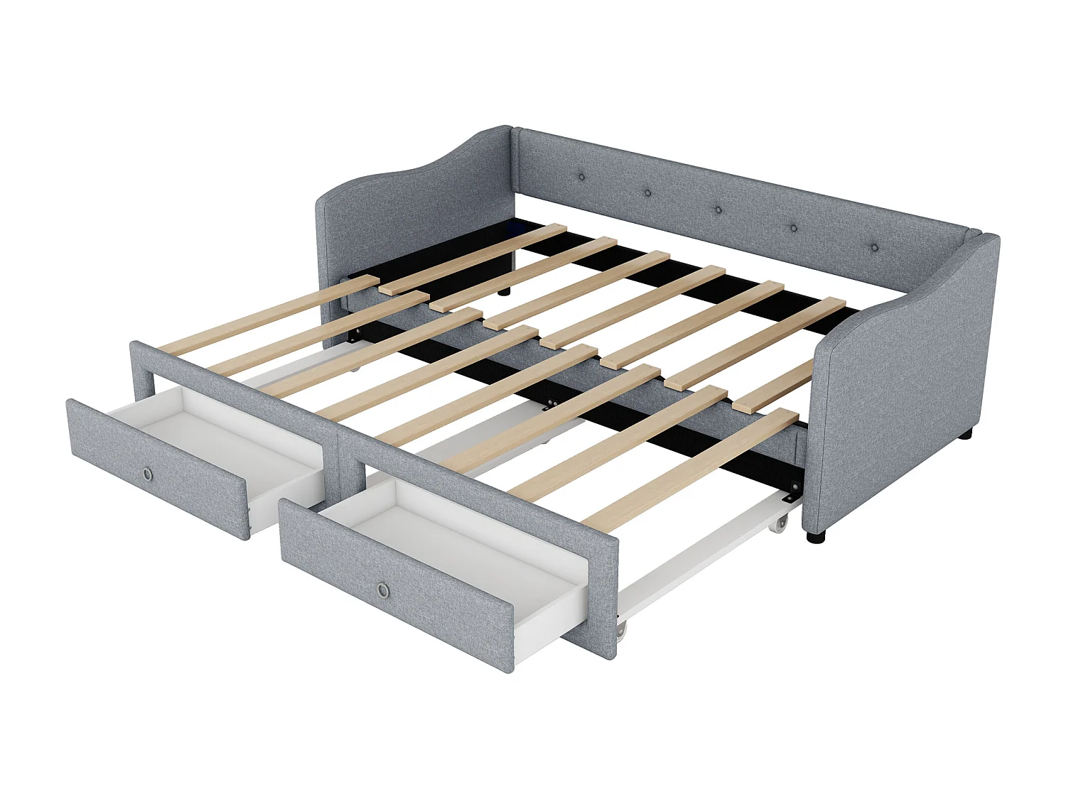 Lit enfant 90x200 cm convertible en lit adulte 180x200cm avec 2 tiroirs de rangement, lin, sans matelas, gris