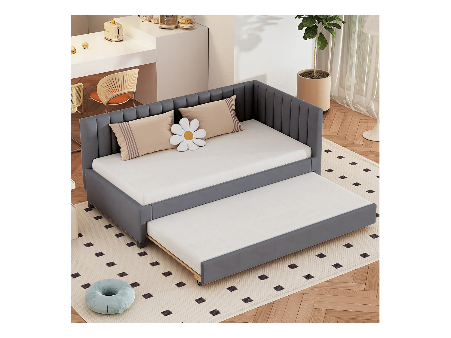 Lit enfant 90x200cm avec lit gigogne 90x190cm gris, flanelle, sans matelas